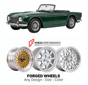 CUSTOM CLASSIC VINTAGE RESTOMOD RETRO OLD SCHOOL FORGED WHEELS RIMS for TRIUMPH TR4A IRS 1965 - 1967

Custom forged wheels for Triumph TR4A IRS 1965 - 1967. Classic, vintage, restomod wheel designs made to order in custom sizes, offsets, colors and finishes.

We manufacture premium quality forged wheels rims for Triumph TR4A IRS 1965 - 1967 in any design, size, color.

THIS WHEEL DESIGN CAN BE CUSTOM-MADE FOR YOUR CAR IN ANY SIZE AND COLOR OPTIONS
Available in monoblock, 2-piece, 3-piece, duoblock, beadlock