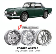 CUSTOM CLASSIC VINTAGE RESTOMOD RETRO OLD SCHOOL FORGED WHEELS RIMS for TRIUMPH TR4 TR4A 1961 - 1967

Custom forged wheels for Triumph TR4 TR4A 1961 - 1967. Classic, vintage, restomod wheel designs made to order in custom sizes, offsets, colors and finishes.

We manufacture premium quality forged wheels rims for Triumph TR4 TR4A 1961 - 1967 in any design, size, color.

THIS WHEEL DESIGN CAN BE CUSTOM-MADE FOR YOUR CAR IN ANY SIZE AND COLOR OPTIONS
Available in monoblock, 2-piece, 3-piece, duoblock, beadlock