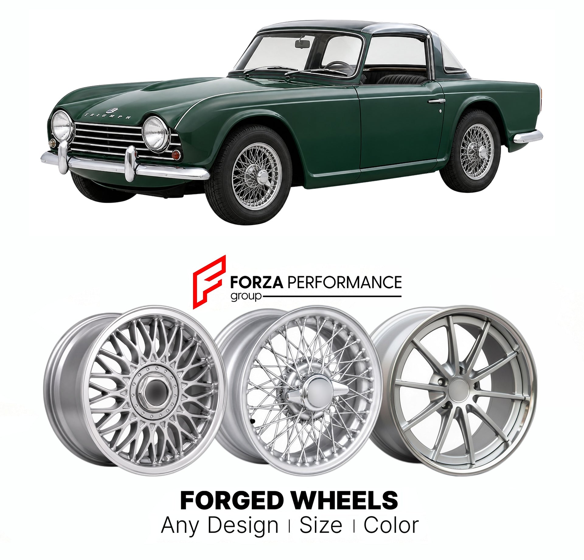 CUSTOM CLASSIC VINTAGE RESTOMOD RETRO OLD SCHOOL FORGED WHEELS RIMS for TRIUMPH TR4 TR4A 1961 - 1967

Custom forged wheels for Triumph TR4 TR4A 1961 - 1967. Classic, vintage, restomod wheel designs made to order in custom sizes, offsets, colors and finishes.

We manufacture premium quality forged wheels rims for Triumph TR4 TR4A 1961 - 1967 in any design, size, color.

THIS WHEEL DESIGN CAN BE CUSTOM-MADE FOR YOUR CAR IN ANY SIZE AND COLOR OPTIONS
Available in monoblock, 2-piece, 3-piece, duoblock, beadlock