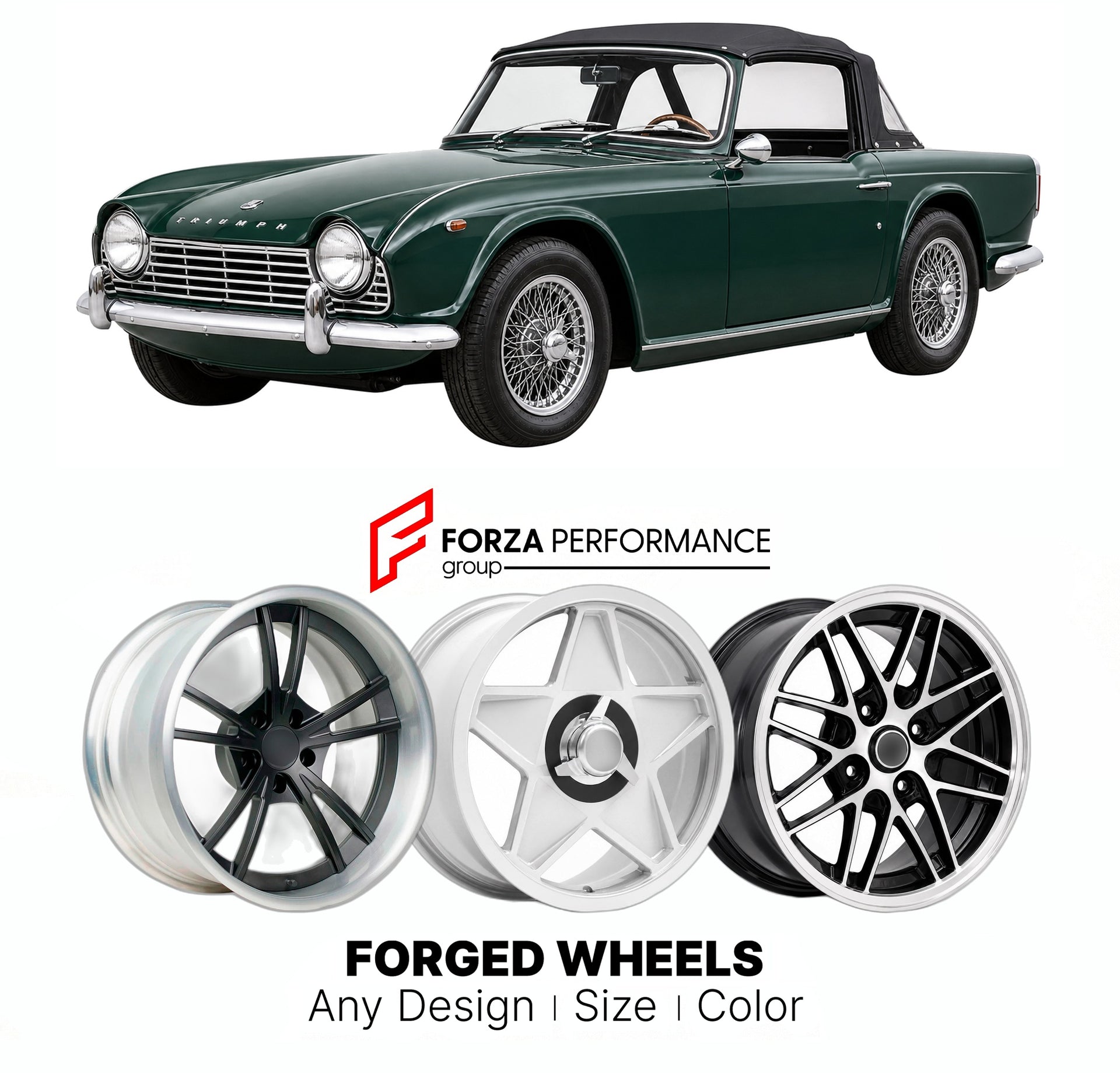 CUSTOM CLASSIC VINTAGE RESTOMOD RETRO OLD SCHOOL FORGED WHEELS RIMS for TRIUMPH TR5 TR250 1967 - 1968

Custom forged wheels for Triumph TR5 TR250 1967 - 1968. Classic, vintage, restomod wheel designs made to order in custom sizes, offsets, colors and finishes.

We manufacture premium quality forged wheels rims for Triumph TR5 TR250 1967 - 1968 in any design, size, color.

THIS WHEEL DESIGN CAN BE CUSTOM-MADE FOR YOUR CAR IN ANY SIZE AND COLOR OPTIONS
Available in monoblock, 2-piece, 3-piece, duoblock, beadl