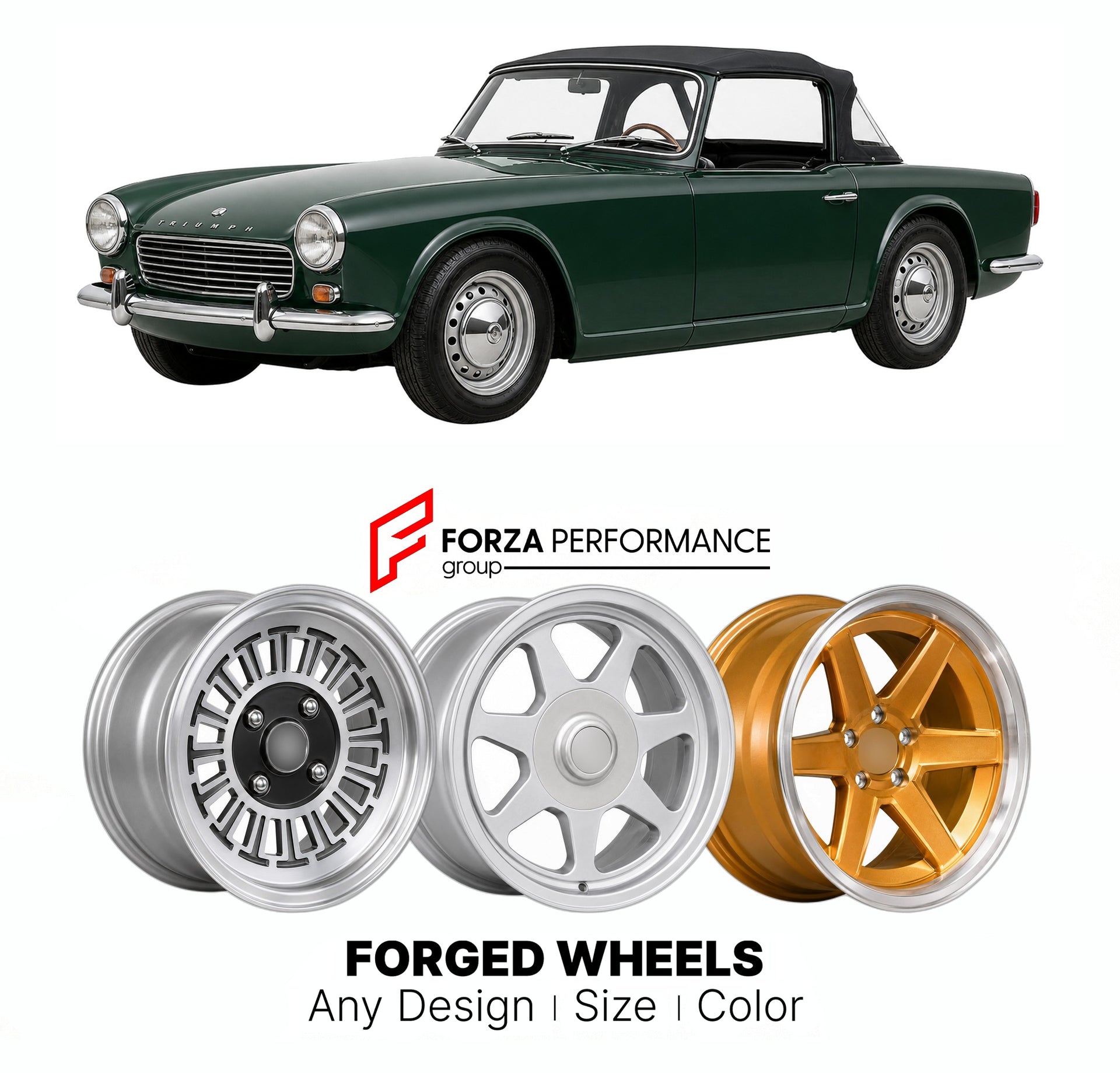 CUSTOM CLASSIC VINTAGE RESTOMOD RETRO OLD SCHOOL FORGED WHEELS RIMS for TRIUMPH TR5 TR250 1967 - 1969

Custom forged wheels for Triumph TR5 TR250 1967 - 1969. Classic, vintage, restomod wheel designs made to order in custom sizes, offsets, colors and finishes.

We manufacture premium quality forged wheels rims for Triumph TR5 TR250 1967 - 1969 in any design, size, color.

THIS WHEEL DESIGN CAN BE CUSTOM-MADE FOR YOUR CAR IN ANY SIZE AND COLOR OPTIONS
Available in monoblock, 2-piece, 3-piece, duoblock, beadl