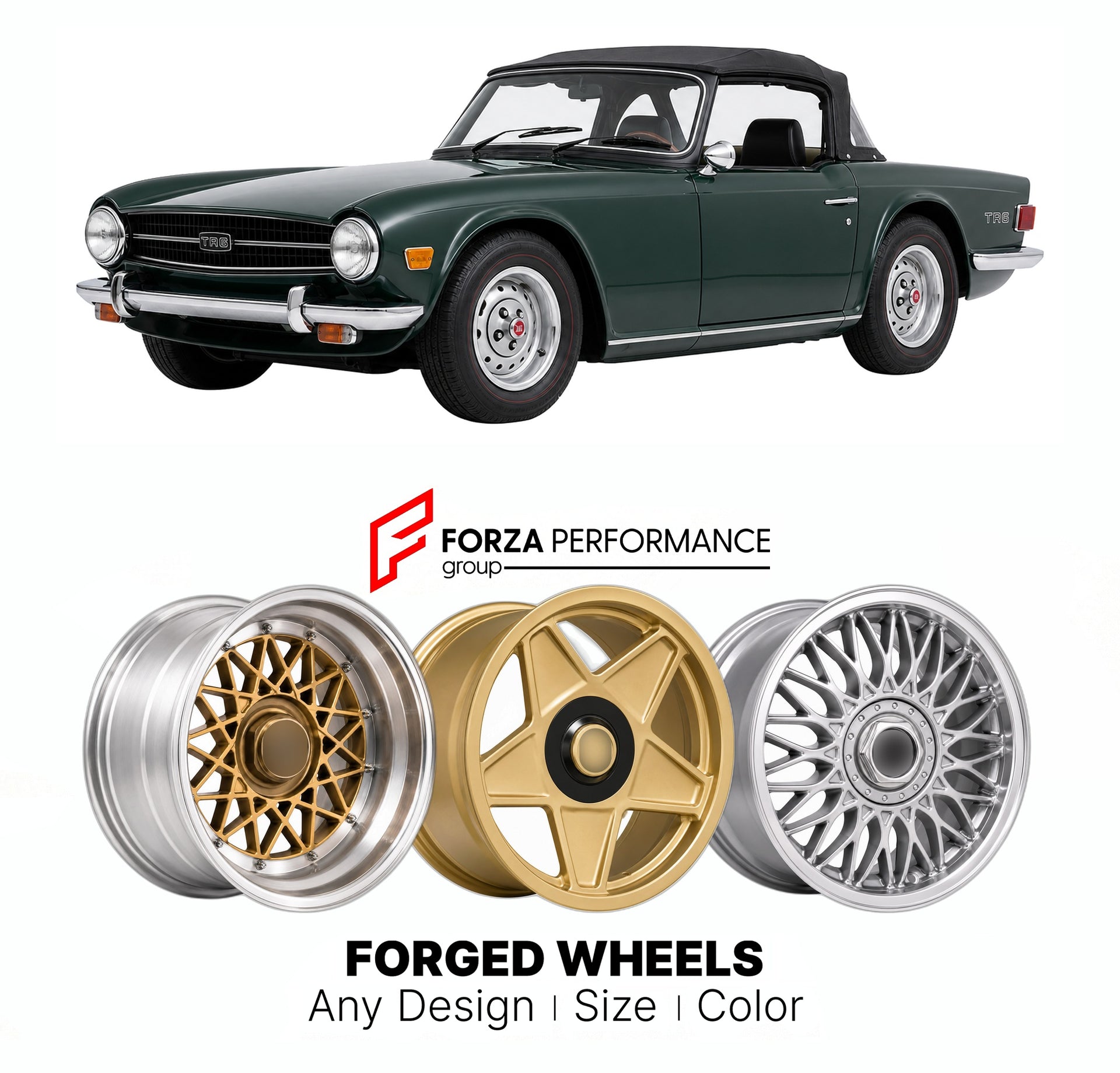 CUSTOM CLASSIC VINTAGE RESTOMOD RETRO OLD SCHOOL FORGED WHEELS RIMS for TRIUMPH TR6 1968 - 1976

Custom forged wheels for Triumph TR6 1968 - 1976. Classic, vintage, restomod wheel designs made to order in custom sizes, offsets, colors and finishes.

We manufacture premium quality forged wheels rims for Triumph TR6 1968 - 1976 in any design, size, color.

THIS WHEEL DESIGN CAN BE CUSTOM-MADE FOR YOUR CAR IN ANY SIZE AND COLOR OPTIONS
Available in monoblock, 2-piece, 3-piece, duoblock, beadlock
3D wheel rende