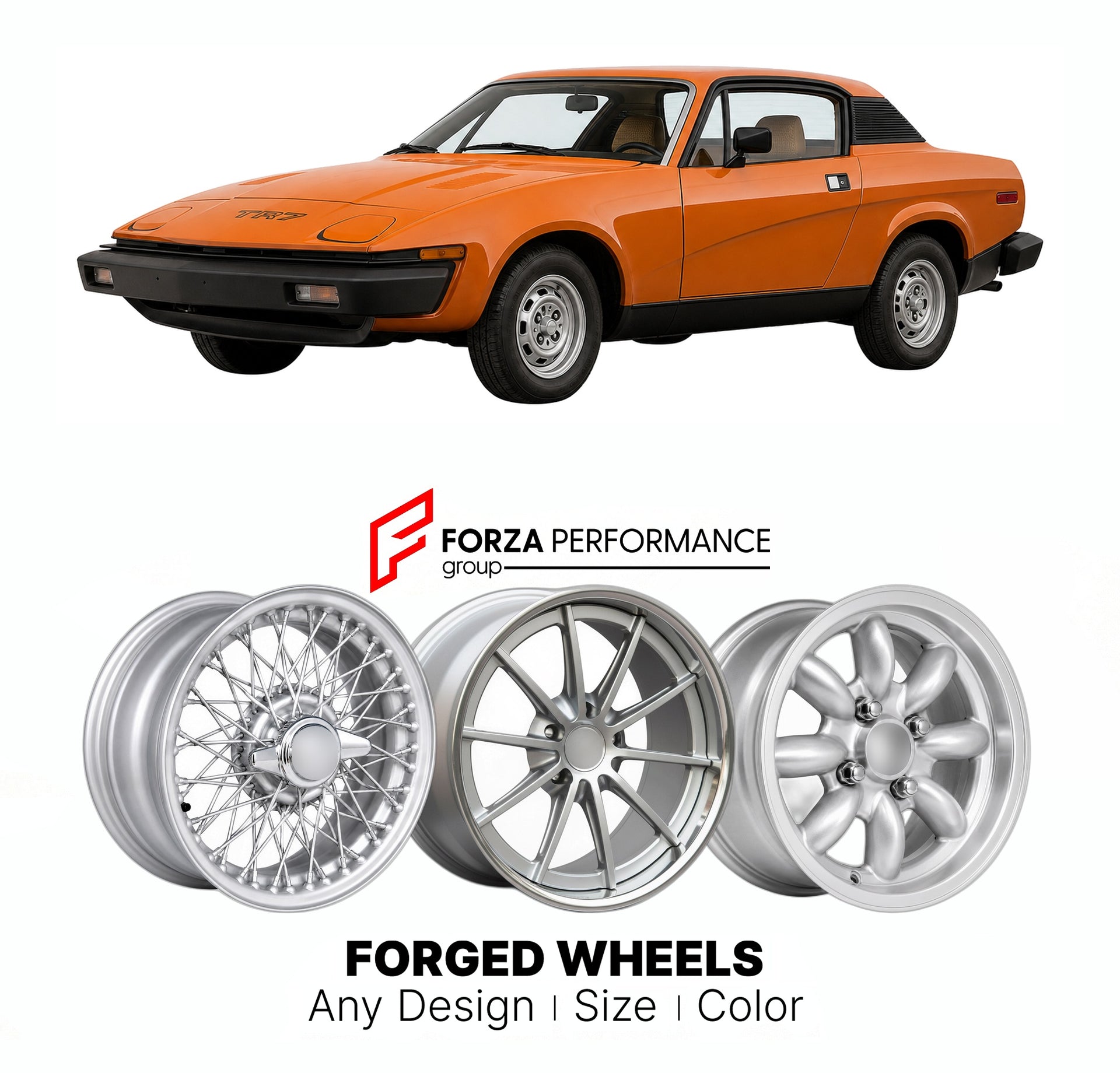 CUSTOM CLASSIC VINTAGE RESTOMOD RETRO OLD SCHOOL FORGED WHEELS RIMS for TRIUMPH TR7 1975 - 1981

Custom forged wheels for Triumph TR7 1975 - 1981. Classic, vintage, restomod wheel designs made to order in custom sizes, offsets, colors and finishes.

We manufacture premium quality forged wheels rims for Triumph TR7 1975 - 1981 in any design, size, color.

THIS WHEEL DESIGN CAN BE CUSTOM-MADE FOR YOUR CAR IN ANY SIZE AND COLOR OPTIONS
Available in monoblock, 2-piece, 3-piece, duoblock, beadlock
3D wheel rende