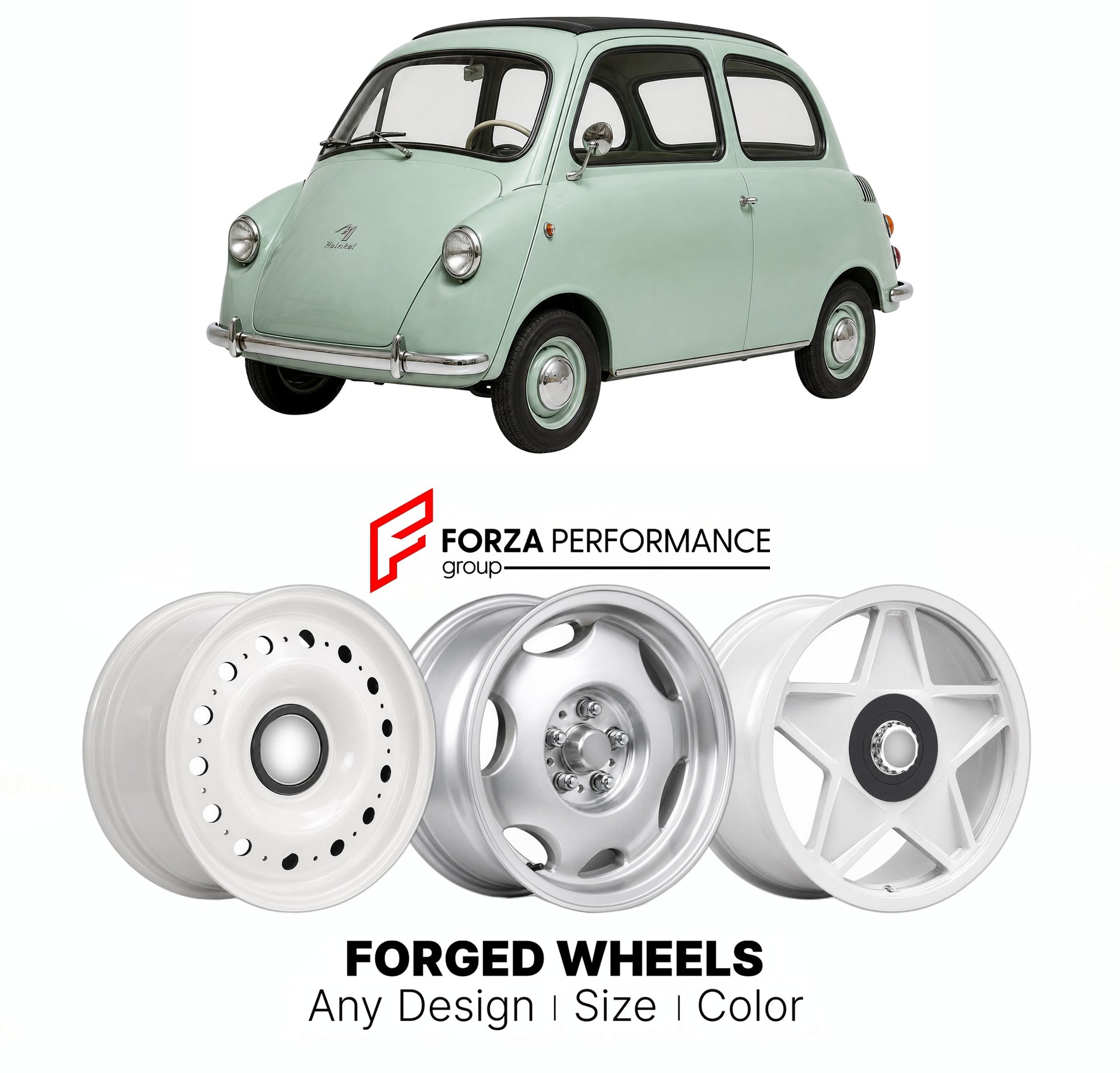CUSTOM CLASSIC VINTAGE RESTOMOD RETRO OLD SCHOOL FORGED WHEELS RIMS for TROJAN 200 HEINKEL 1960 - 1966

Custom forged wheels for Trojan 200 Heinkel 1960 - 1966. Classic, vintage, restomod wheel designs made to order in custom sizes, offsets, colors and finishes.

We manufacture premium quality forged wheels rims for Trojan 200 Heinkel 1960 - 1966 in any design, size, color.

THIS WHEEL DESIGN CAN BE CUSTOM-MADE FOR YOUR CAR IN ANY SIZE AND COLOR OPTIONS
Available in monoblock, 2-piece, 3-piece, duoblock, be
