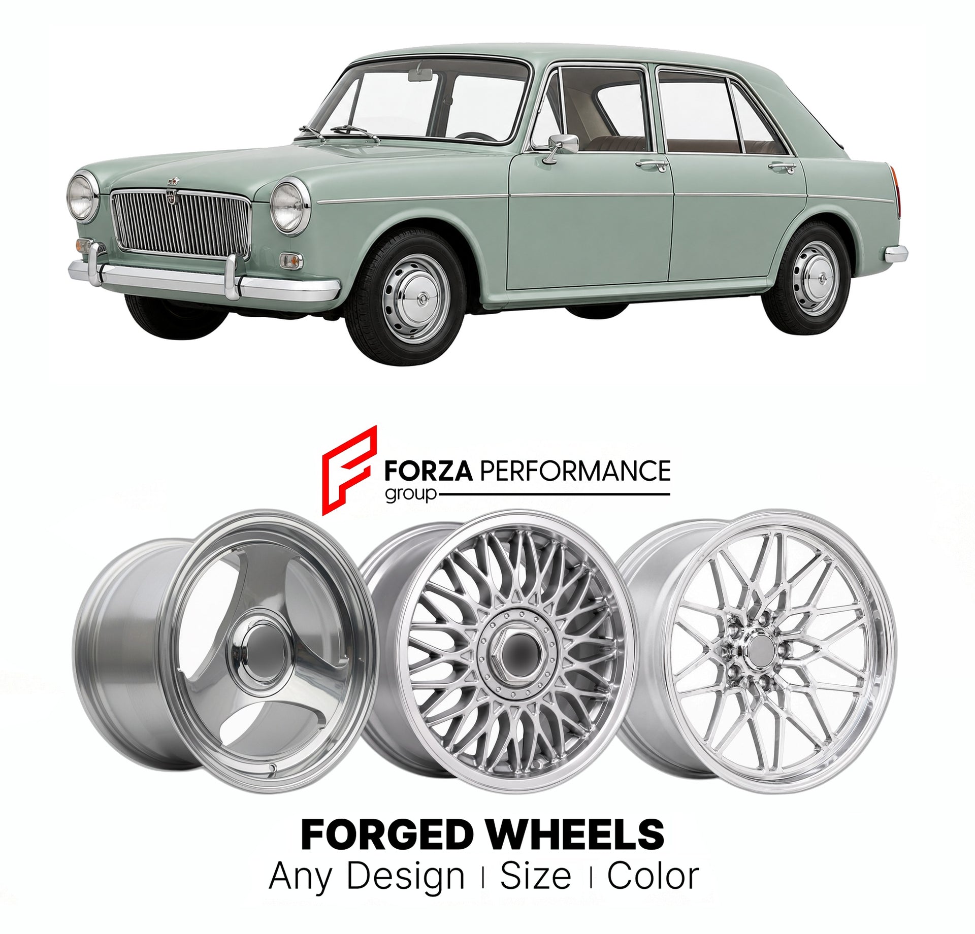 CUSTOM CLASSIC VINTAGE RESTOMOD RETRO OLD SCHOOL FORGED WHEELS RIMS for VANDEN PLAS 1100 1300 ADO16 LUXURY 1963 - 1974

Custom forged wheels for Vanden Plas 1100 1300 ADO16 luxury 1963 - 1974. Classic, vintage, restomod wheel designs made to order in custom sizes, offsets, colors and finishes.

We manufacture premium quality forged wheels rims for Vanden Plas 1100 1300 ADO16 luxury 1963 - 1974 in any design, size, color.

THIS WHEEL DESIGN CAN BE CUSTOM-MADE FOR YOUR CAR IN ANY SIZE AND COLOR OPTIONS
Availa