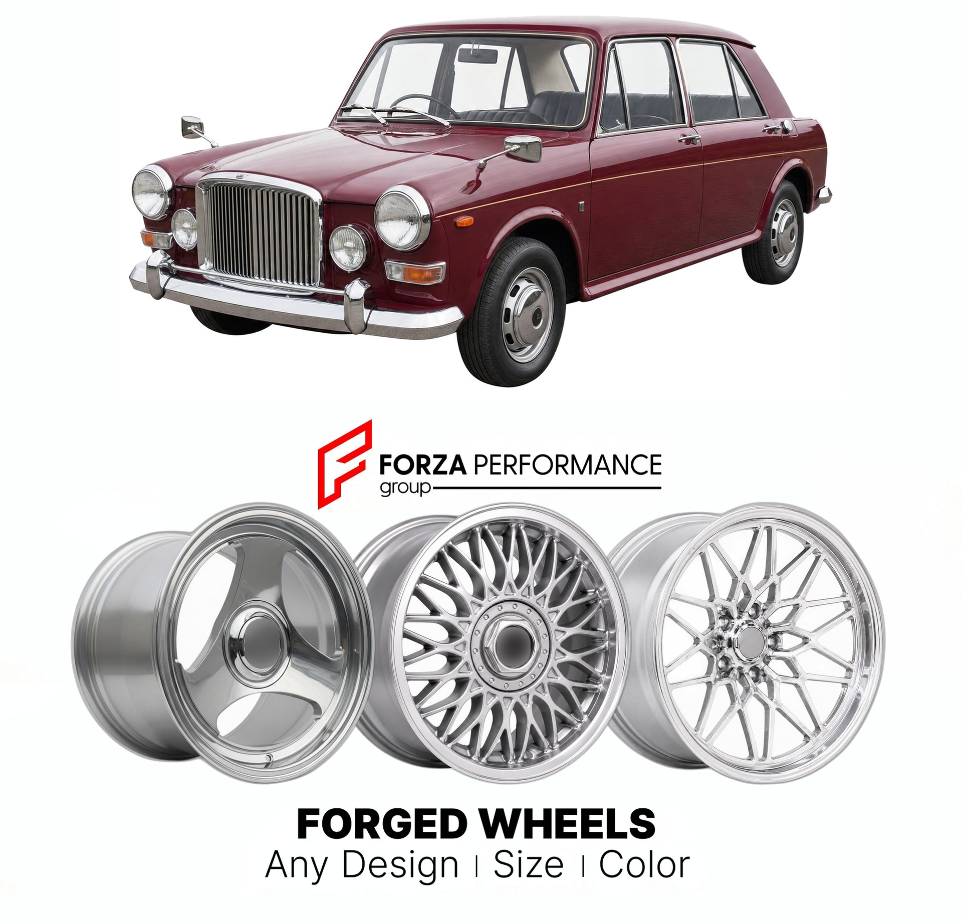 CUSTOM CLASSIC VINTAGE RESTOMOD RETRO OLD SCHOOL FORGED WHEELS RIMS for VANDEN PLAS PRINCESS 1100 1300 ADO16 1963 - 1974

Custom forged wheels for Vanden Plas Princess 1100 1300 ADO16 1963 - 1974. Classic, vintage, restomod wheel designs made to order in custom sizes, offsets, colors and finishes.

We manufacture premium quality forged wheels rims for Vanden Plas Princess 1100 1300 ADO16 1963 - 1974 in any design, size, color.

THIS WHEEL DESIGN CAN BE CUSTOM-MADE FOR YOUR CAR IN ANY SIZE AND COLOR OPTIONS
