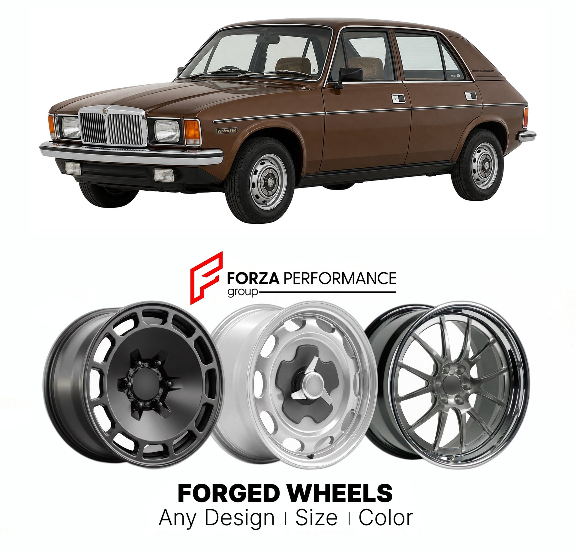CUSTOM CLASSIC VINTAGE RESTOMOD RETRO OLD SCHOOL FORGED WHEELS RIMS for VANDEN PLAS ALLEGRO 1500 MK 1 1974 - 1980

Custom forged wheels for Vanden Plas Allegro 1500 MK 1 1974 - 1980. Classic, vintage, restomod wheel designs made to order in custom sizes, offsets, colors and finishes.

We manufacture premium quality forged wheels rims for Vanden Plas Allegro 1500 MK 1 1974 - 1980 in any design, size, color.

THIS WHEEL DESIGN CAN BE CUSTOM-MADE FOR YOUR CAR IN ANY SIZE AND COLOR OPTIONS
Available in monobloc