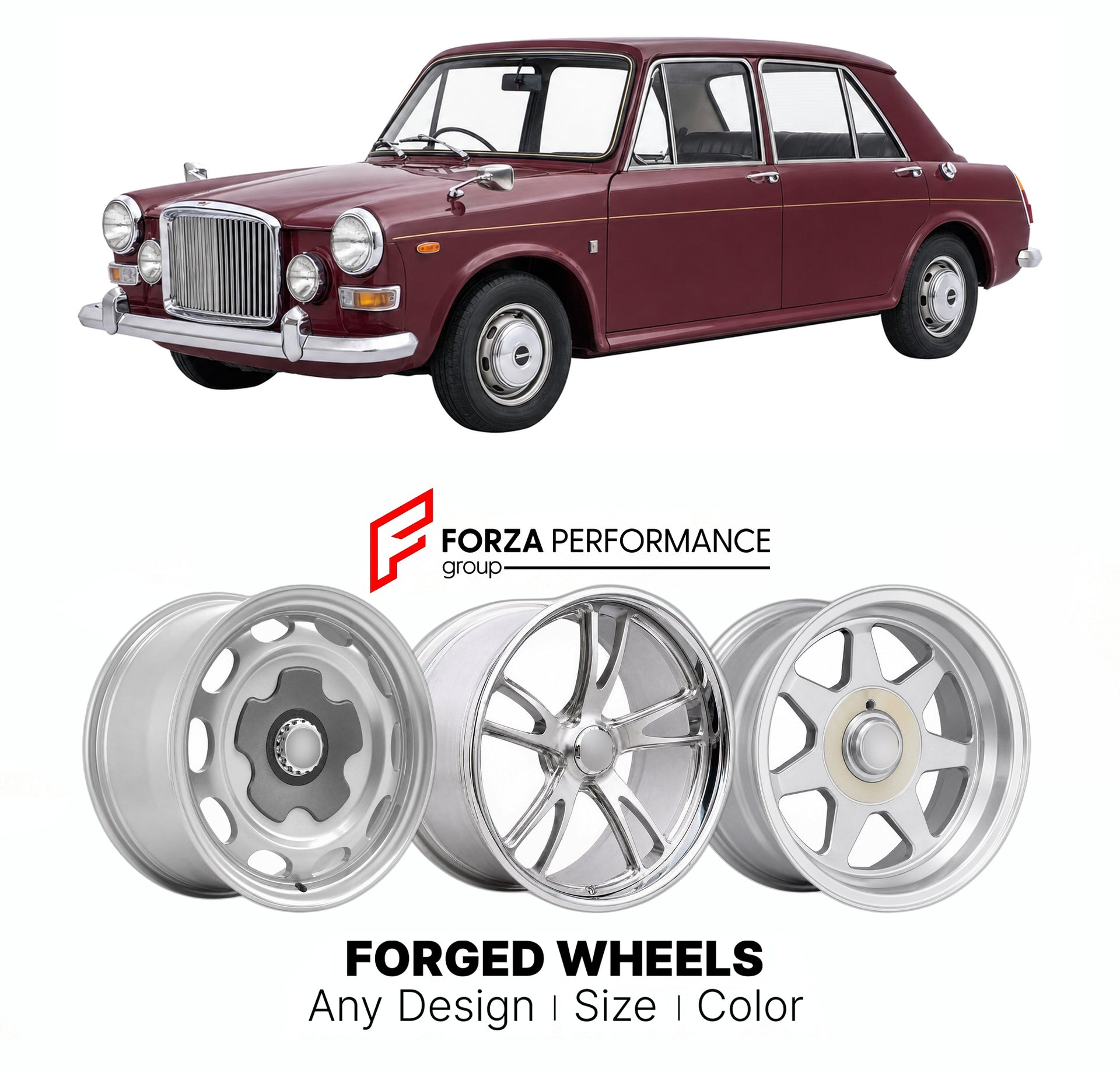 CUSTOM CLASSIC VINTAGE RESTOMOD RETRO OLD SCHOOL FORGED WHEELS RIMS for VANDEN PLAS PRINCESS 1300 1963 - 1974

Custom forged wheels for Vanden Plas Princess 1300 1963 - 1974. Classic, vintage, restomod wheel designs made to order in custom sizes, offsets, colors and finishes.

We manufacture premium quality forged wheels rims for Vanden Plas Princess 1300 1963 - 1974 in any design, size, color.

THIS WHEEL DESIGN CAN BE CUSTOM-MADE FOR YOUR CAR IN ANY SIZE AND COLOR OPTIONS
Available in monob