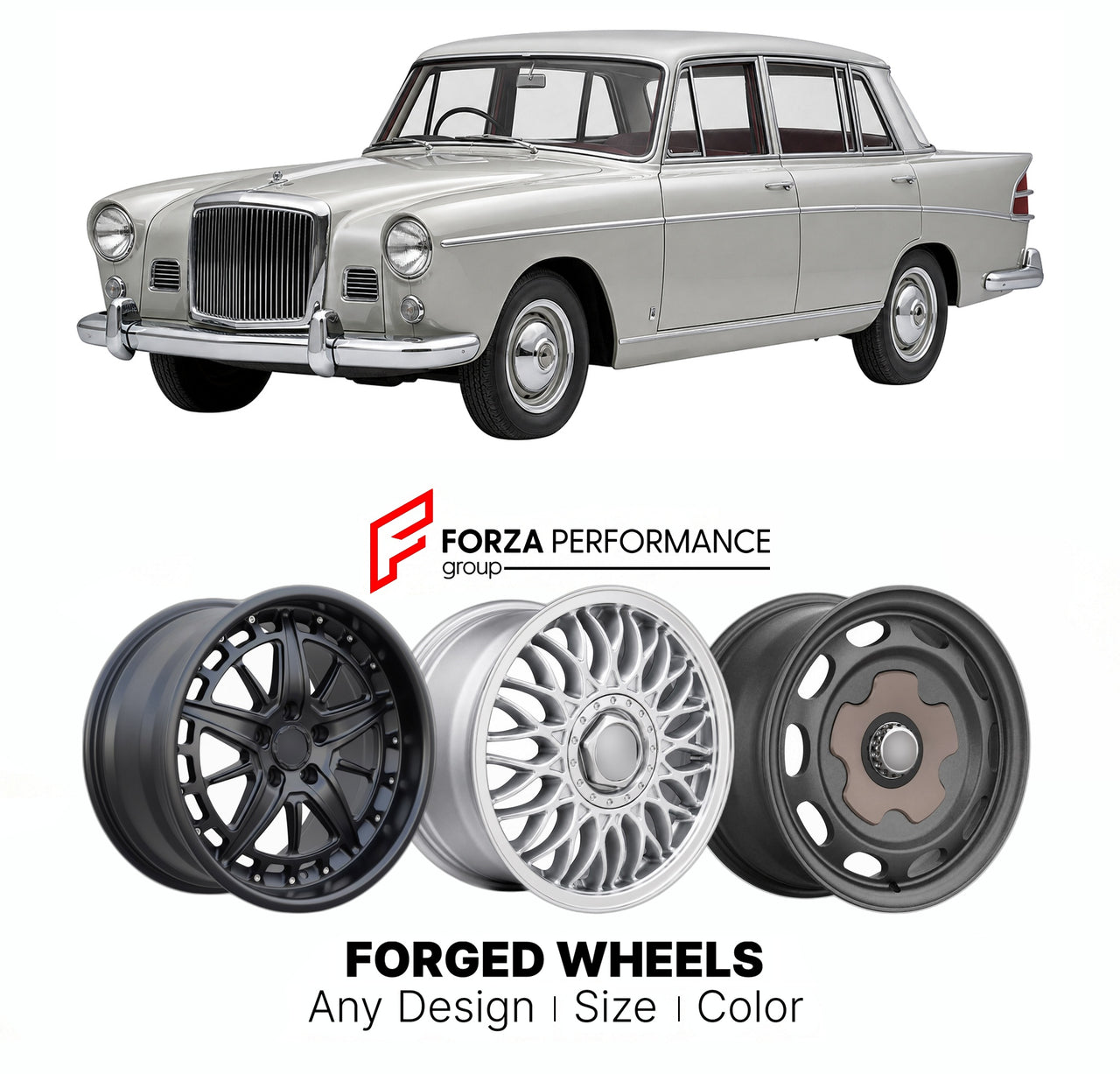 CUSTOM CLASSIC VINTAGE RESTOMOD RETRO OLD SCHOOL FORGED WHEELS RIMS for VANDEN PLAS PRINCESS 3 LITRE MK II 1961 - 1964

Custom forged wheels for Vanden Plas Princess 3 Litre MK II 1961 - 1964. Classic, vintage, restomod wheel designs made to order in custom sizes, offsets, colors and finishes.

We manufacture premium quality forged wheels rims for Vanden Plas Princess 3 Litre MK II 1961 - 1964 in any design, size, color.

THIS WHEEL DESIGN CAN BE CUSTOM-MADE FOR YOUR CAR IN ANY SIZE AND COLOR OPTIONS
Availa
