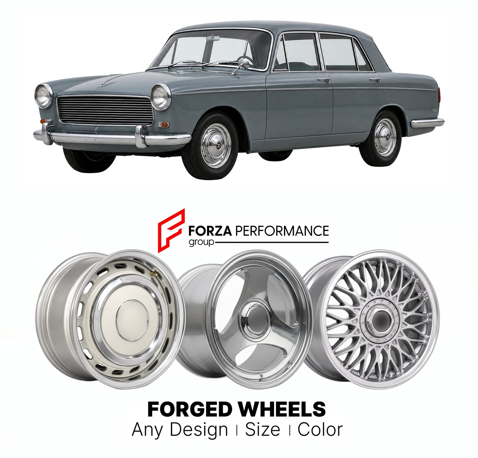 CUSTOM CLASSIC VINTAGE RESTOMOD RETRO OLD SCHOOL FORGED WHEELS RIMS for VANDEN PLAS PRINCESS 4 LITRE R 1964 - 1968

Custom forged wheels for Vanden Plas Princess 4 Litre R 1964 - 1968. Classic, vintage, restomod wheel designs made to order in custom sizes, offsets, colors and finishes.

We manufacture premium quality forged wheels rims for Vanden Plas Princess 4 Litre R 1964 - 1968 in any design, size, color.

THIS WHEEL DESIGN CAN BE CUSTOM-MADE FOR YOUR CAR IN ANY SIZE AND COLOR OPTIONS
Available in monob
