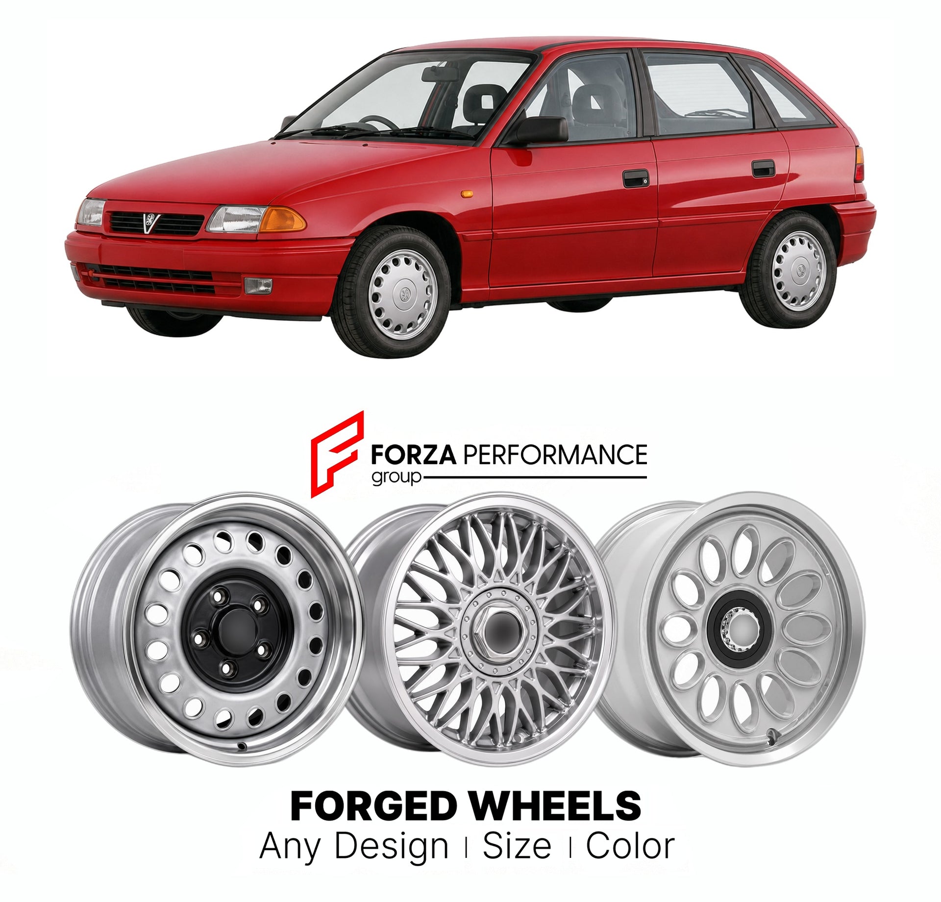 CUSTOM CLASSIC VINTAGE RESTOMOD RETRO OLD SCHOOL FORGED WHEELS RIMS for VAUXHALL ASTRA MK 3 1991 - 1998

Custom forged wheels for Vauxhall Astra MK 3 1991 - 1998. Classic, vintage, restomod wheel designs made to order in custom sizes, offsets, colors and finishes.

We manufacture premium quality forged wheels rims for Vauxhall Astra MK 3 1991 - 1998 in any design, size, color.

THIS WHEEL DESIGN CAN BE CUSTOM-MADE FOR YOUR CAR IN ANY SIZE AND COLOR OPTIONS
Available in monoblock, 2-piece, 3-piece, duoblock,