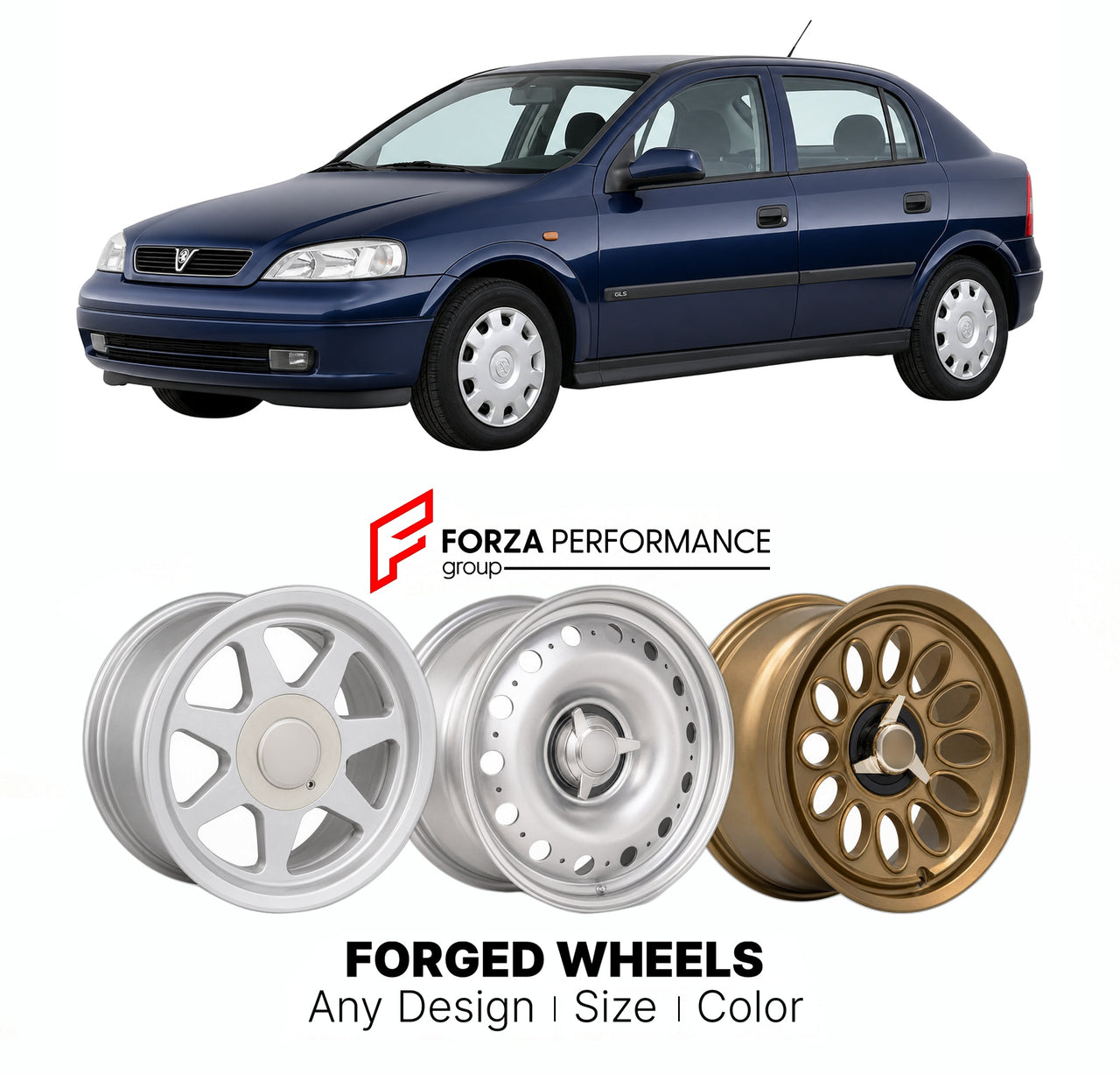 CUSTOM CLASSIC VINTAGE RESTOMOD RETRO OLD SCHOOL FORGED WHEELS RIMS for VAUXHALL ASTRA MK 4 1998 - 2004

Custom forged wheels for Vauxhall Astra MK 4 1998 - 2004. Classic, vintage, restomod wheel designs made to order in custom sizes, offsets, colors and finishes.

We manufacture premium quality forged wheels rims for Vauxhall Astra MK 4 1998 - 2004 in any design, size, color.

THIS WHEEL DESIGN CAN BE CUSTOM-MADE FOR YOUR CAR IN ANY SIZE AND COLOR OPTIONS
Available in monoblock, 2-piece, 3-piece, duoblock,
