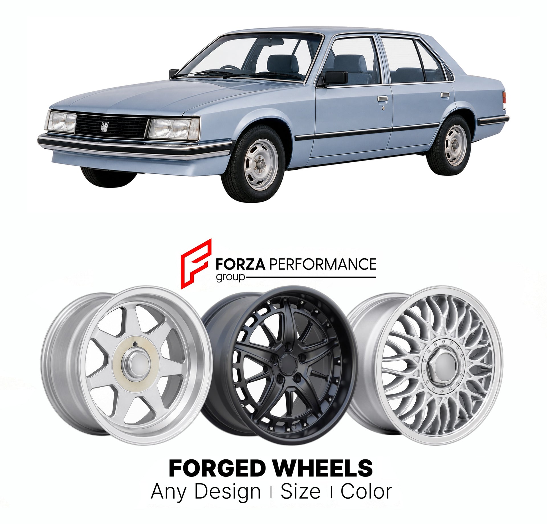 CUSTOM CLASSIC VINTAGE RESTOMOD RETRO OLD SCHOOL FORGED WHEELS RIMS for VAUXHALL CARLTON MK 1 1978 - 1986

Custom forged wheels for Vauxhall Carlton MK 1 1978 - 1986. Classic, vintage, restomod wheel designs made to order in custom sizes, offsets, colors and finishes.

We manufacture premium quality forged wheels rims for Vauxhall Carlton MK 1 1978 - 1986 in any design, size, color.

THIS WHEEL DESIGN CAN BE CUSTOM-MADE FOR YOUR CAR IN ANY SIZE AND COLOR OPTIONS
Available in monoblock, 2-piece, 3-piece, duo