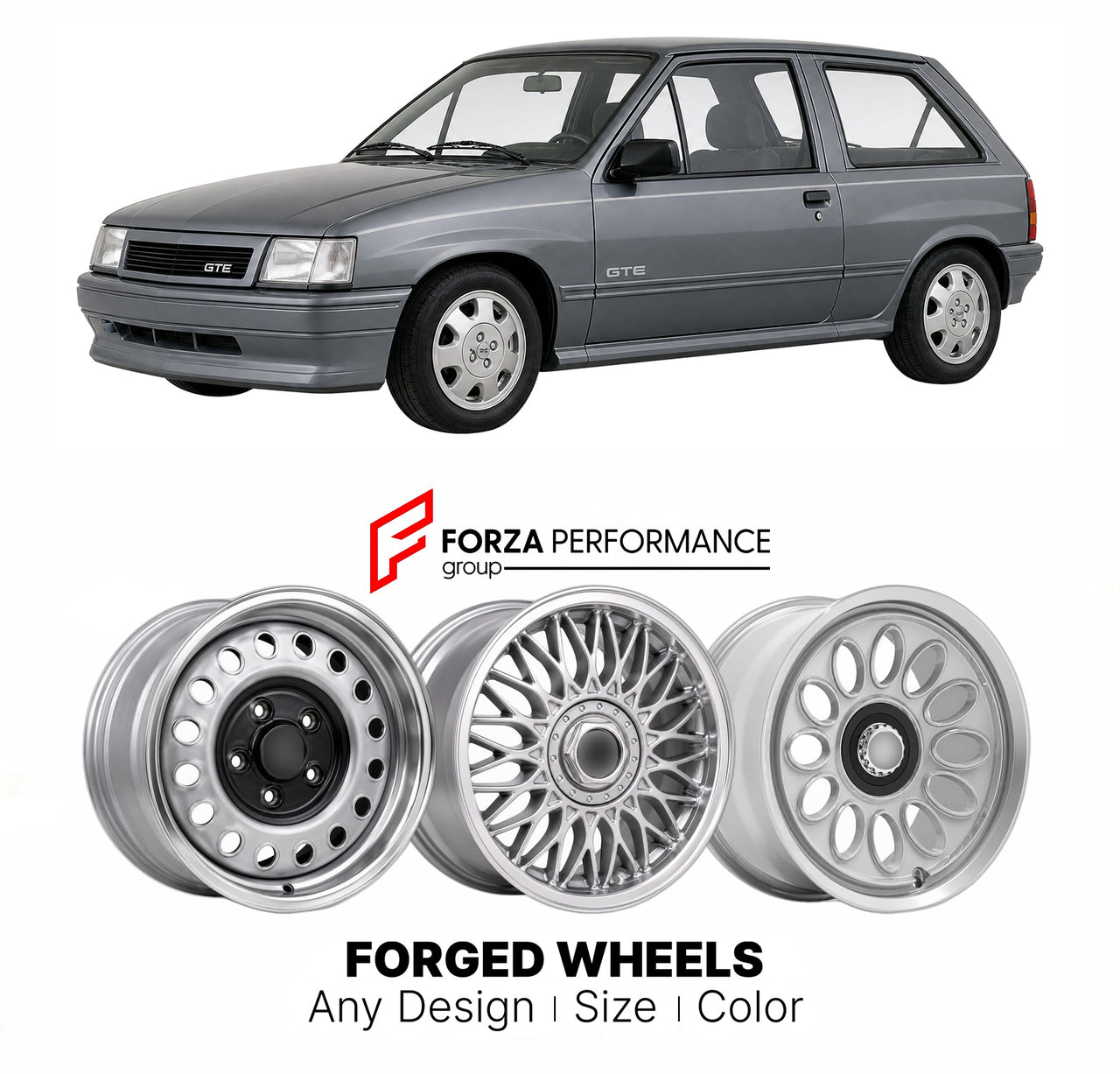 CUSTOM CLASSIC VINTAGE RESTOMOD RETRO OLD SCHOOL FORGED WHEELS RIMS for VAUXHALL NOVA GTE GSI 1987 - 1993

Custom forged wheels for Vauxhall Nova GTE GSi 1987 - 1993. Classic, vintage, restomod wheel designs made to order in custom sizes, offsets, colors and finishes.

We manufacture premium quality forged wheels rims for Vauxhall Nova GTE GSi 1987 - 1993 in any design, size, color.

THIS WHEEL DESIGN CAN BE CUSTOM-MADE FOR YOUR CAR IN ANY SIZE AND COLOR OPTIONS
Available in monoblock, 2-piece, 3-piece, duo