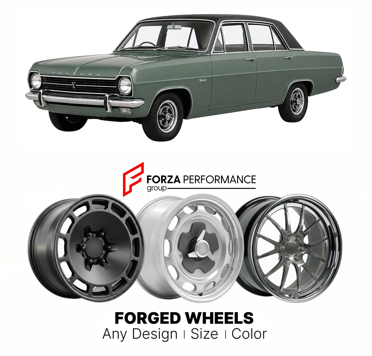 CUSTOM CLASSIC VINTAGE RESTOMOD RETRO OLD SCHOOL FORGED WHEELS RIMS for VAUXHALL VENTORA FD FE 1968 - 1976

Custom forged wheels for Vauxhall Ventora FD FE 1968 - 1976. Classic, vintage, restomod wheel designs made to order in custom sizes, offsets, colors and finishes.

We manufacture premium quality forged wheels rims for Vauxhall Ventora FD FE 1968 - 1976 in any design, size, color.

THIS WHEEL DESIGN CAN BE CUSTOM-MADE FOR YOUR CAR IN ANY SIZE AND COLOR OPTIONS
Available in monoblock, 2-piece, 3-piece, 