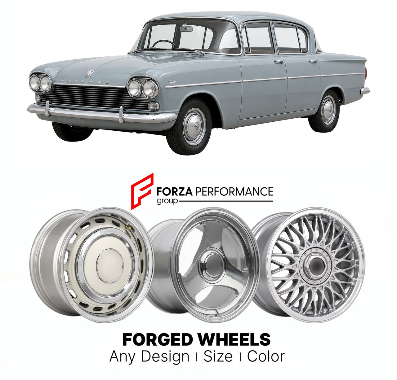 CUSTOM CLASSIC VINTAGE RESTOMOD RETRO OLD SCHOOL FORGED WHEELS RIMS for VAUXHALL VICTOR FB FC FD FE 1961 - 1978

Custom forged wheels for Vauxhall Victor FB FC FD FE 1961 - 1978. Classic, vintage, restomod wheel designs made to order in custom sizes, offsets, colors and finishes.

We manufacture premium quality forged wheels rims for Vauxhall Victor FB FC FD FE 1961 - 1978 in any design, size, color.

THIS WHEEL DESIGN CAN BE CUSTOM-MADE FOR YOUR CAR IN ANY SIZE AND COLOR OPTIONS
Available in monoblock, 2-p
