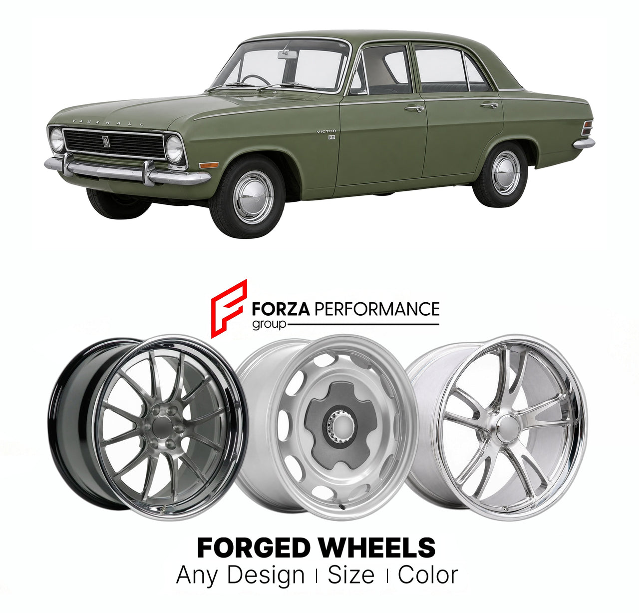 CUSTOM CLASSIC VINTAGE RESTOMOD RETRO OLD SCHOOL FORGED WHEELS RIMS for VAUXHALL VICTOR FD 1967 - 1972

Custom forged wheels for Vauxhall Victor FD 1967 - 1972. Classic, vintage, restomod wheel designs made to order in custom sizes, offsets, colors and finishes.

We manufacture premium quality forged wheels rims for Vauxhall Victor FD 1967 - 1972 in any design, size, color.

THIS WHEEL DESIGN CAN BE CUSTOM-MADE FOR YOUR CAR IN ANY SIZE AND COLOR OPTIONS
Available in monoblock, 2-piece, 3-piece, duoblock, be