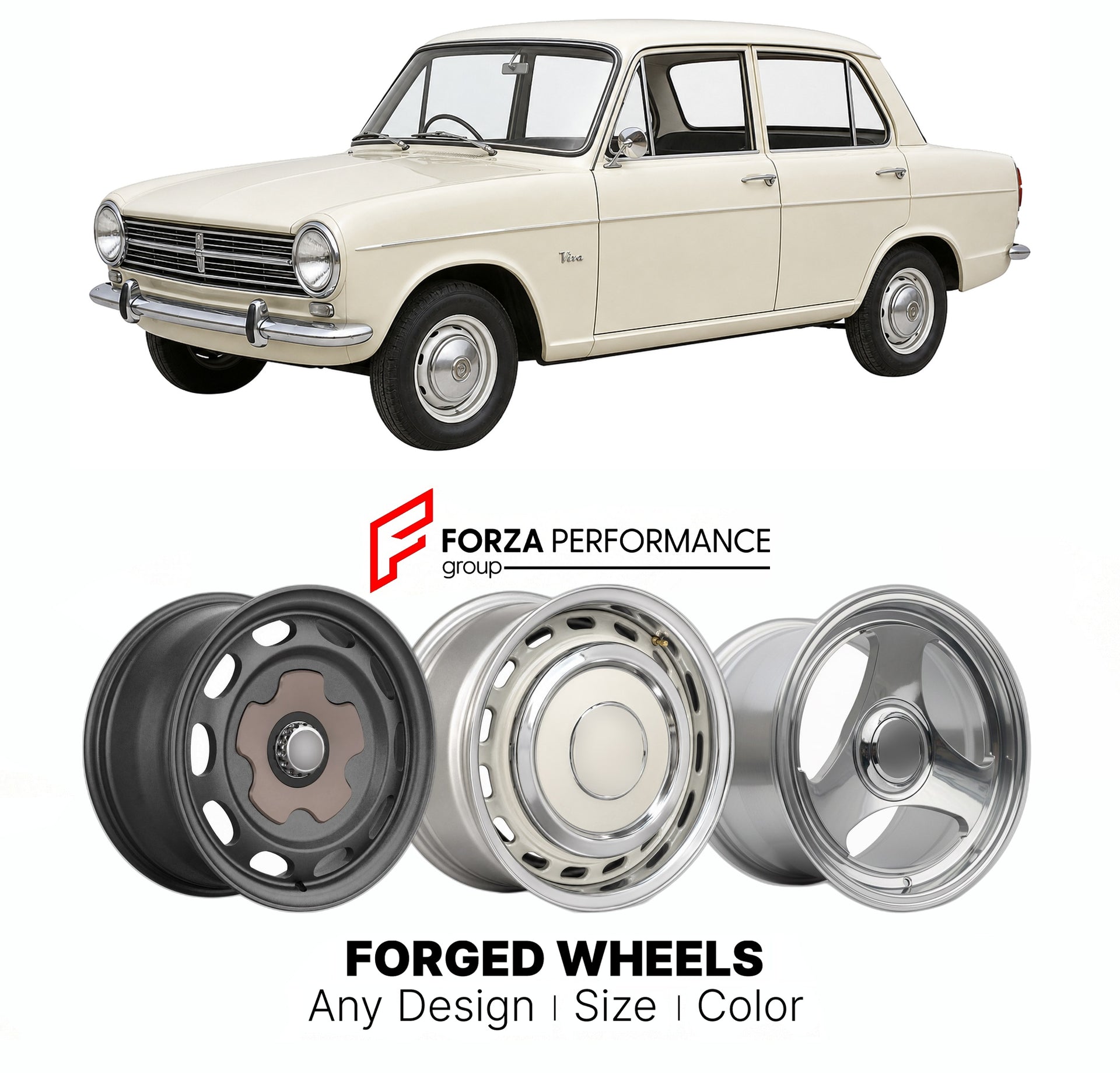 CUSTOM CLASSIC VINTAGE RESTOMOD RETRO OLD SCHOOL FORGED WHEELS RIMS for VAUXHALL VIVA HA 1963 - 1966

Custom forged wheels for Vauxhall Viva HA 1963 - 1966. Classic, vintage, restomod wheel designs made to order in custom sizes, offsets, colors and finishes.

We manufacture premium quality forged wheels rims for Vauxhall Viva HA 1963 - 1966 in any design, size, color.

THIS WHEEL DESIGN CAN BE CUSTOM-MADE FOR YOUR CAR IN ANY SIZE AND COLOR OPTIONS
Available in monoblock, 2-piece, 3-piece, duoblock, beadlock