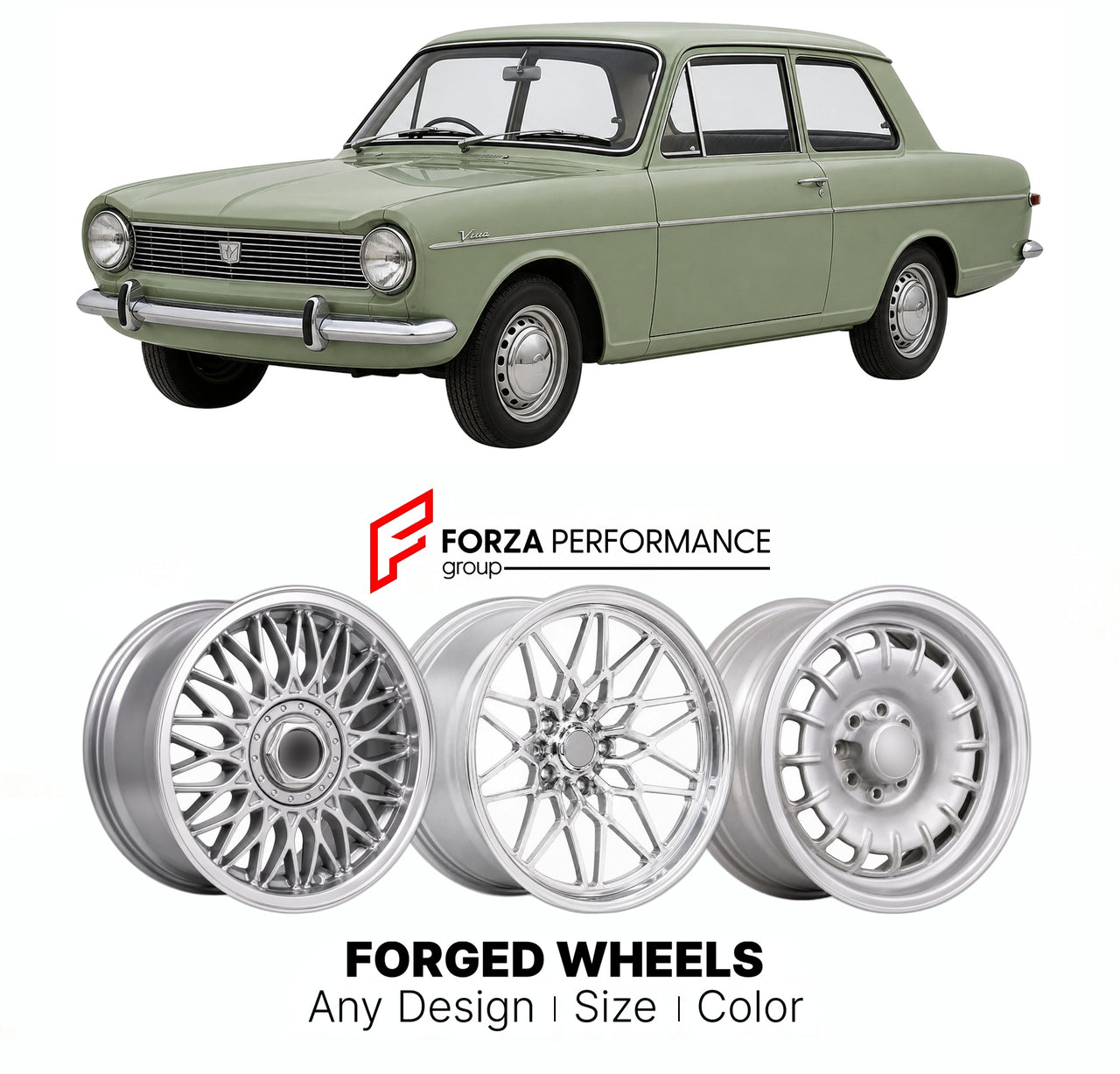 CUSTOM CLASSIC VINTAGE RESTOMOD RETRO OLD SCHOOL FORGED WHEELS RIMS for VAUXHALL VIVA HA DELUXE 1963 - 1966

Custom forged wheels for Vauxhall Viva HA Deluxe 1963 - 1966. Classic, vintage, restomod wheel designs made to order in custom sizes, offsets, colors and finishes.

We manufacture premium quality forged wheels rims for Vauxhall Viva HA Deluxe 1963 - 1966 in any design, size, color.

THIS WHEEL DESIGN CAN BE CUSTOM-MADE FOR YOUR CAR IN ANY SIZE AND COLOR OPTIONS
Available in monoblock, 2-piece, 3-piec
