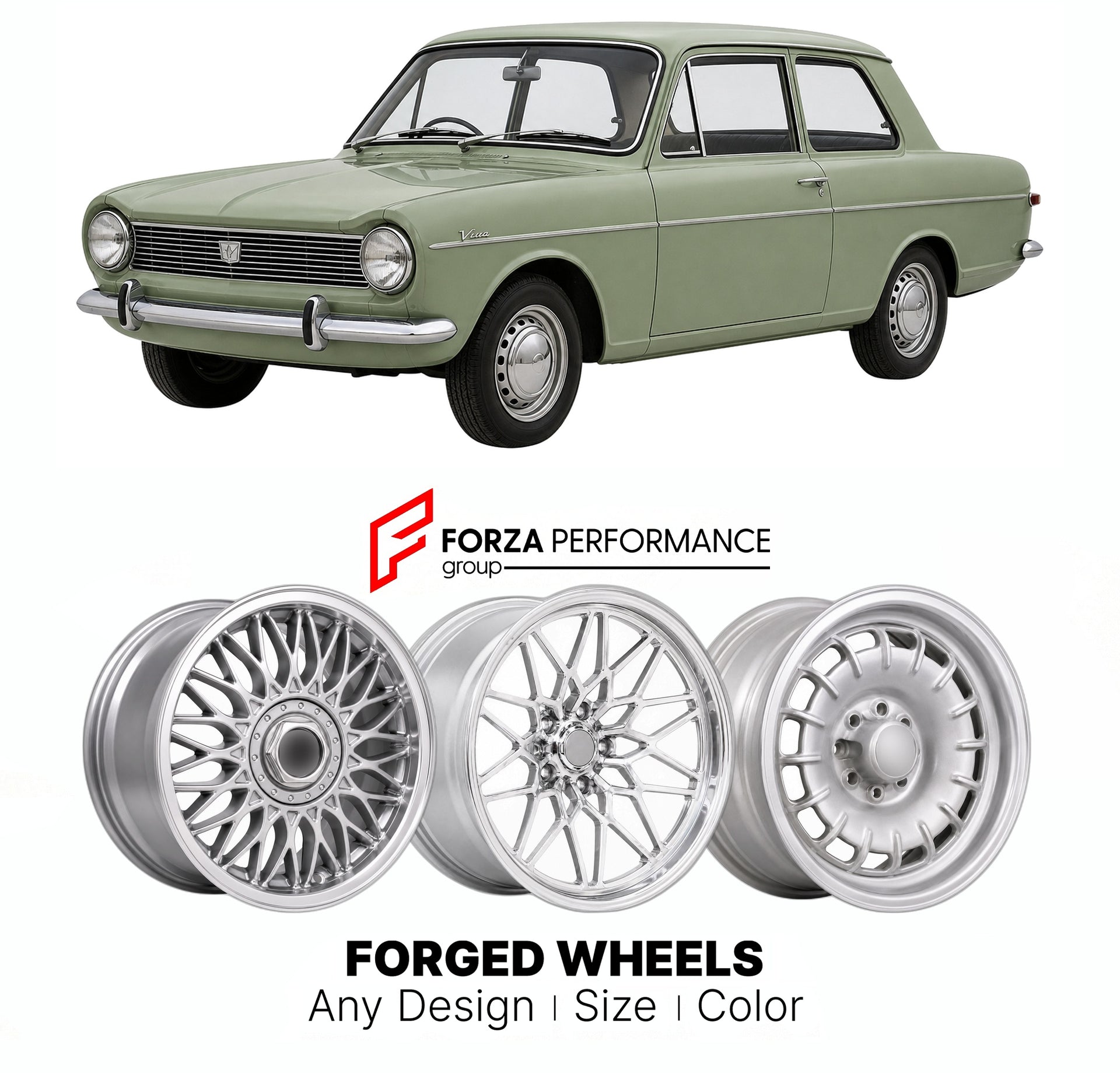 CUSTOM CLASSIC VINTAGE RESTOMOD RETRO OLD SCHOOL FORGED WHEELS RIMS for VAUXHALL VIVA HA DELUXE 1963 - 1966

Custom forged wheels for Vauxhall Viva HA Deluxe 1963 - 1966. Classic, vintage, restomod wheel designs made to order in custom sizes, offsets, colors and finishes.

We manufacture premium quality forged wheels rims for Vauxhall Viva HA Deluxe 1963 - 1966 in any design, size, color.

THIS WHEEL DESIGN CAN BE CUSTOM-MADE FOR YOUR CAR IN ANY SIZE AND COLOR OPTIONS
Available in monoblock, 2-piece, 3-piec