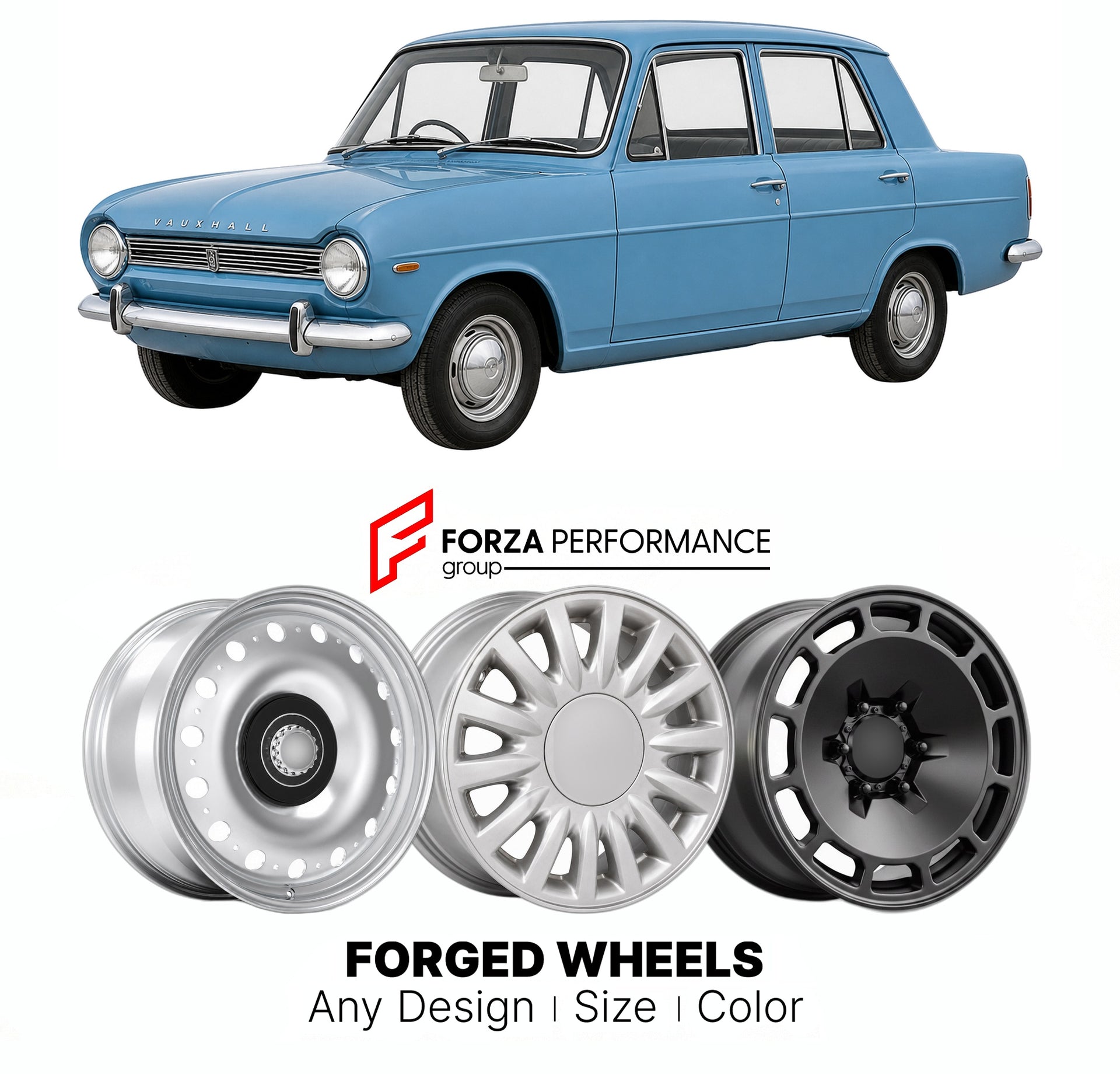CUSTOM CLASSIC VINTAGE RESTOMOD RETRO OLD SCHOOL FORGED WHEELS RIMS for VAUXHALL VIVA HA HB HC 1963 - 1979

Custom forged wheels for Vauxhall Viva HA HB HC 1963 - 1979. Classic, vintage, restomod wheel designs made to order in custom sizes, offsets, colors and finishes.

We manufacture premium quality forged wheels rims for Vauxhall Viva HA HB HC 1963 - 1979 in any design, size, color.

THIS WHEEL DESIGN CAN BE CUSTOM-MADE FOR YOUR CAR IN ANY SIZE AND COLOR OPTIONS
Available in monoblock, 2-piece, 3-piece, 