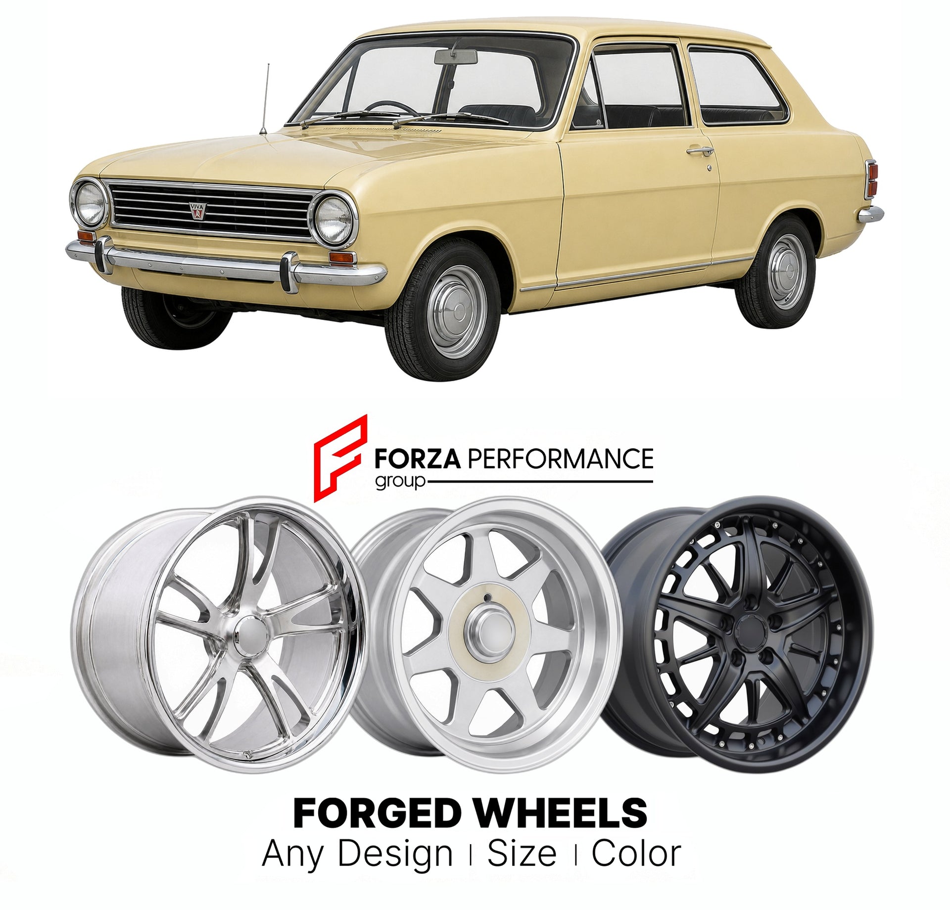 CUSTOM CLASSIC VINTAGE RESTOMOD RETRO OLD SCHOOL FORGED WHEELS RIMS for VAUXHALL VIVA HC 1970 - 1979

Custom forged wheels for Vauxhall Viva HC 1970 - 1979. Classic, vintage, restomod wheel designs made to order in custom sizes, offsets, colors and finishes.

We manufacture premium quality forged wheels rims for Vauxhall Viva HC 1970 - 1979 in any design, size, color.

THIS WHEEL DESIGN CAN BE CUSTOM-MADE FOR YOUR CAR IN ANY SIZE AND COLOR OPTIONS
Available in monoblock, 2-piece, 3-piece, duoblock, beadlock