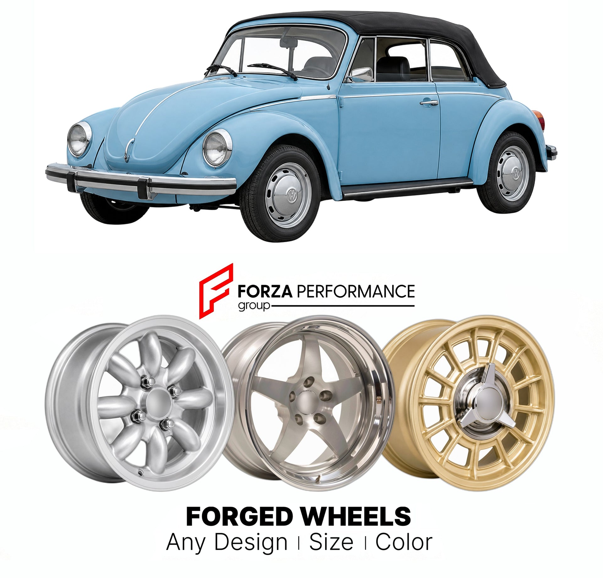 CUSTOM CLASSIC VINTAGE RESTOMOD RETRO OLD SCHOOL FORGED WHEELS RIMS for VOLKSWAGEN BEETLE 1303 S KARMANN CABRIOLET 1972 - 1979

Custom forged wheels for Volkswagen Beetle 1303 S Karmann Cabriolet 1972 - 1979. Classic, vintage, restomod wheel designs made to order in custom sizes, offsets, colors and finishes.

We manufacture premium quality forged wheels rims for Volkswagen Beetle 1303 S Karmann Cabriolet 1972 - 1979 in any design, size, color.

THIS WHEEL DESIGN CAN BE CUSTOM-MADE FOR YOUR CAR IN ANY SIZE 