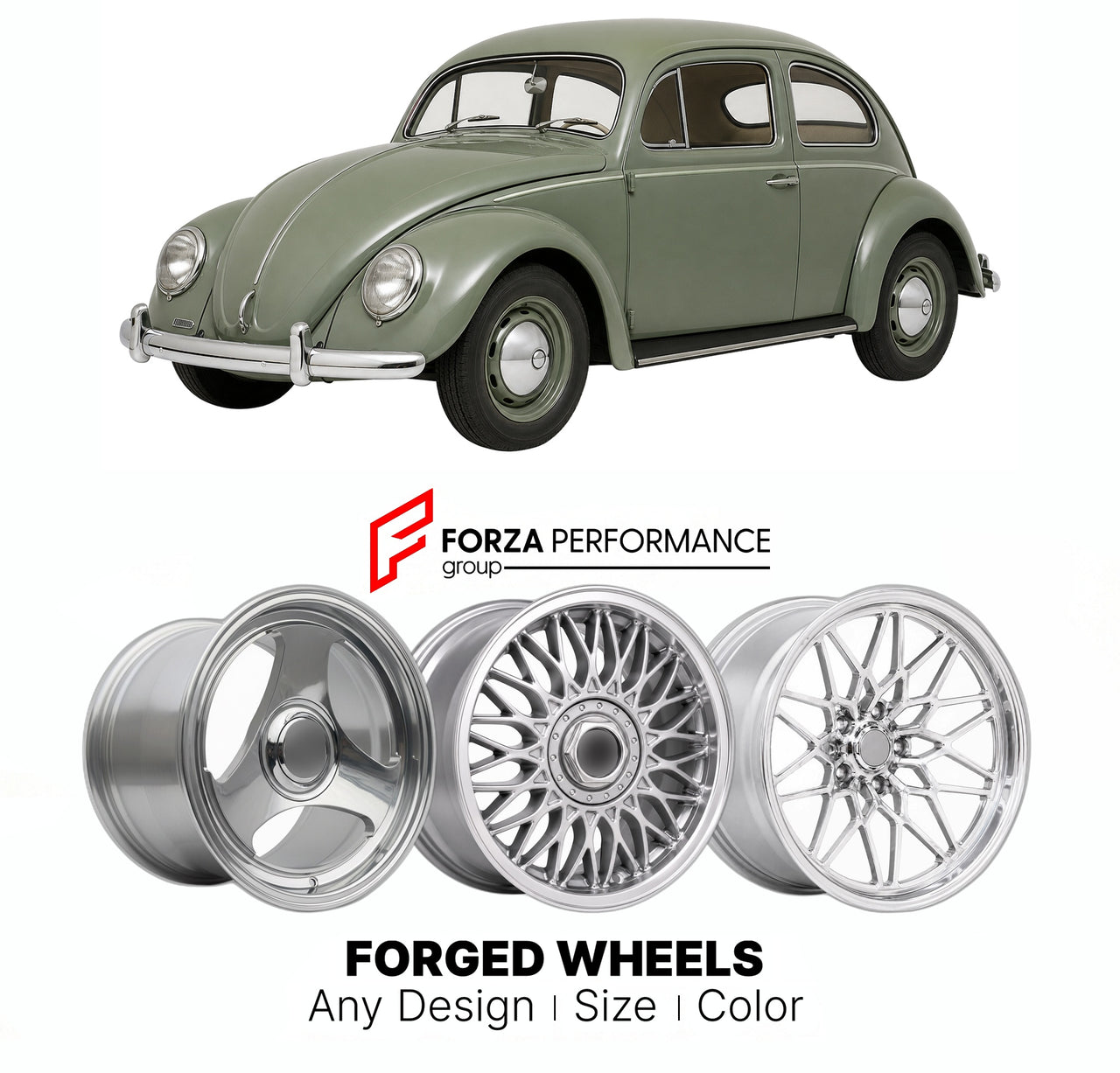 CUSTOM CLASSIC VINTAGE RESTOMOD RETRO OLD SCHOOL FORGED WHEELS RIMS for VOLKSWAGEN BEETLE TYPE 1 1938 - 2003

Custom forged wheels for Volkswagen Beetle Type 1 1938 - 2003. Classic, vintage, restomod wheel designs made to order in custom sizes, offsets, colors and finishes.

We manufacture premium quality forged wheels rims for Volkswagen Beetle Type 1 1938 - 2003 in any design, size, color.

THIS WHEEL DESIGN CAN BE CUSTOM-MADE FOR YOUR CAR IN ANY SIZE AND COLOR OPTIONS
Available in monoblock, 2-piece, 3-p