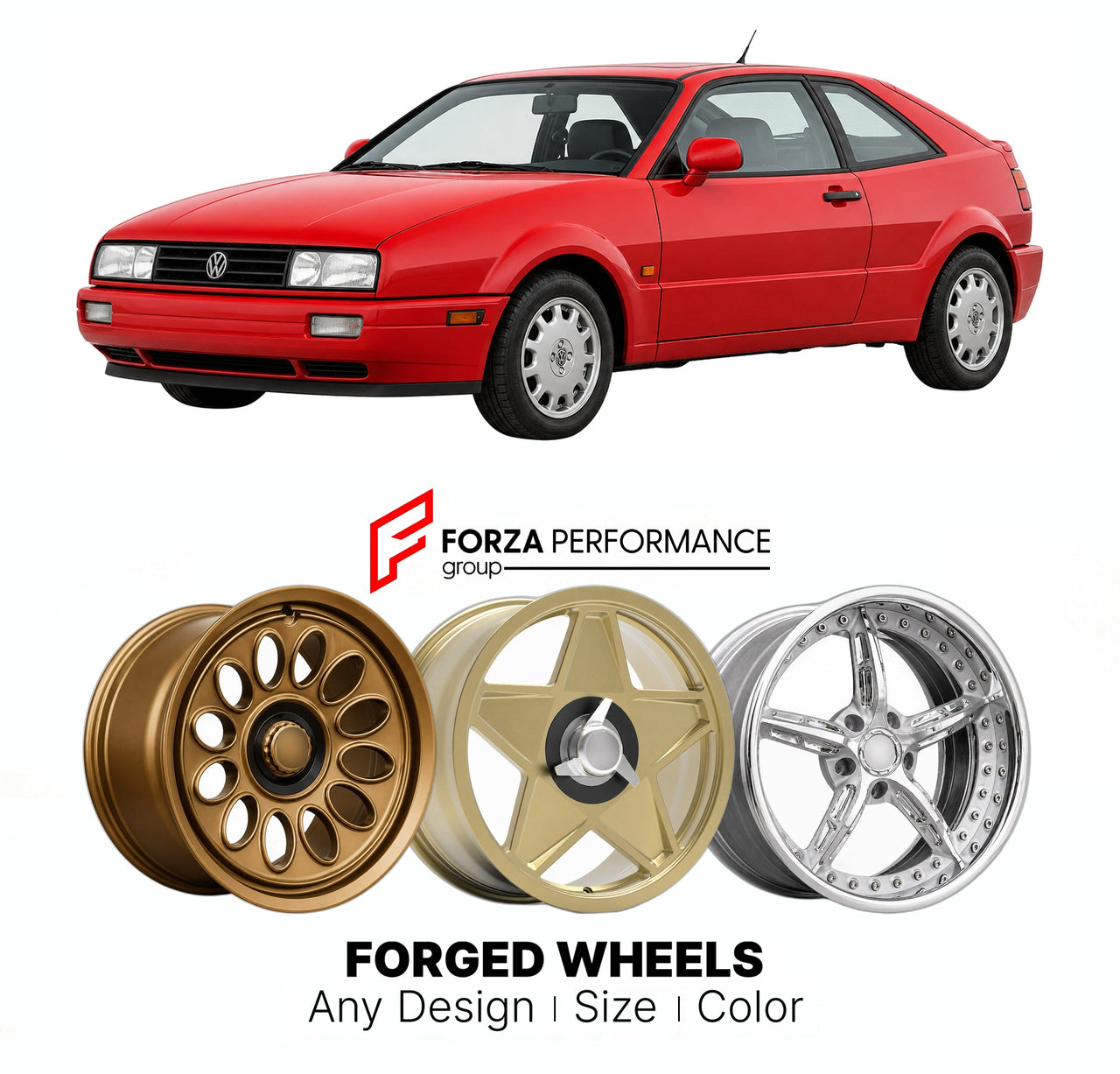 CUSTOM CLASSIC VINTAGE RESTOMOD RETRO OLD SCHOOL FORGED WHEELS RIMS for VOLKSWAGEN CORRADO 1988 - 1995

Custom forged wheels for Volkswagen Corrado 1988 - 1995. Classic, vintage, restomod wheel designs made to order in custom sizes, offsets, colors and finishes.

We manufacture premium quality forged wheels rims for Volkswagen Corrado 1988 - 1995 in any design, size, color.

THIS WHEEL DESIGN CAN BE CUSTOM-MADE FOR YOUR CAR IN ANY SIZE AND COLOR OPTIONS
Available in monoblock, 2-piece, 3-piece, duoblock, be