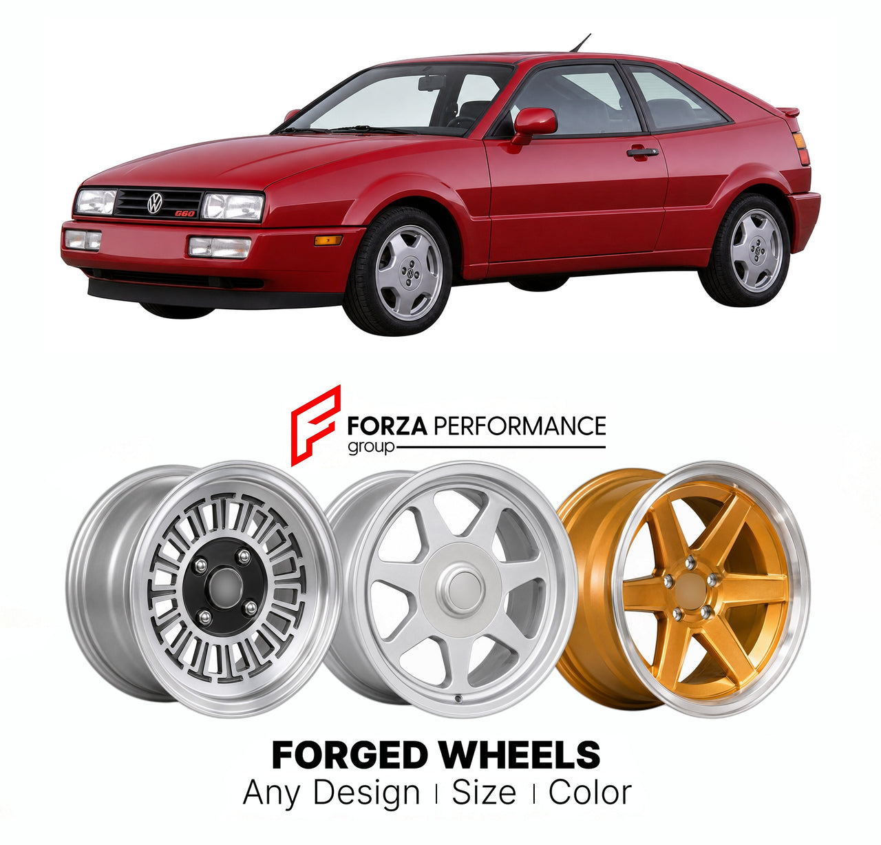CUSTOM CLASSIC VINTAGE RESTOMOD RETRO OLD SCHOOL FORGED WHEELS RIMS for VOLKSWAGEN CORRADO G60 G-LADER 1988 - 1993

Custom forged wheels for Volkswagen Corrado G60 G-Lader 1988 - 1993. Classic, vintage, restomod wheel designs made to order in custom sizes, offsets, colors and finishes.

We manufacture premium quality forged wheels rims for Volkswagen Corrado G60 G-Lader 1988 - 1993 in any design, size, color.

THIS WHEEL DESIGN CAN BE CUSTOM-MADE FOR YOUR CAR IN ANY SIZE AND COLOR OPTIONS
Available in monob