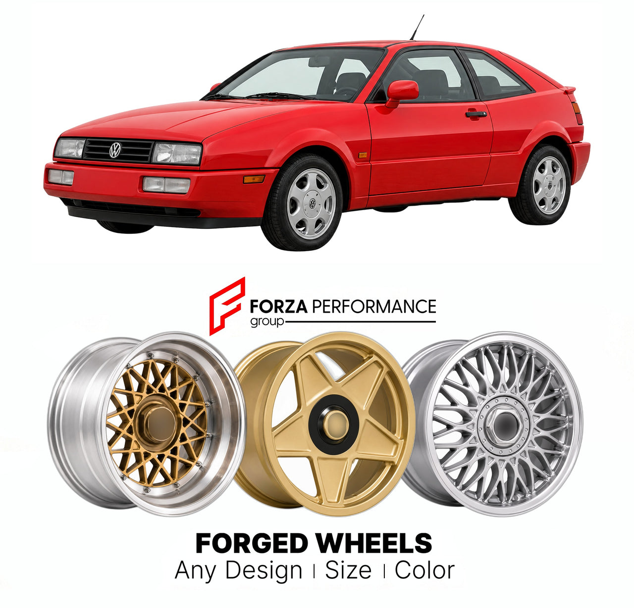 CUSTOM CLASSIC VINTAGE RESTOMOD RETRO OLD SCHOOL FORGED WHEELS RIMS for VOLKSWAGEN CORRADO SLC 1988 - 1995

Custom forged wheels for Volkswagen Corrado SLC 1988 - 1995. Classic, vintage, restomod wheel designs made to order in custom sizes, offsets, colors and finishes.

We manufacture premium quality forged wheels rims for Volkswagen Corrado SLC 1988 - 1995 in any design, size, color.

THIS WHEEL DESIGN CAN BE CUSTOM-MADE FOR YOUR CAR IN ANY SIZE AND COLOR OPTIONS
Available in monoblock, 2-piece, 3-piece, 