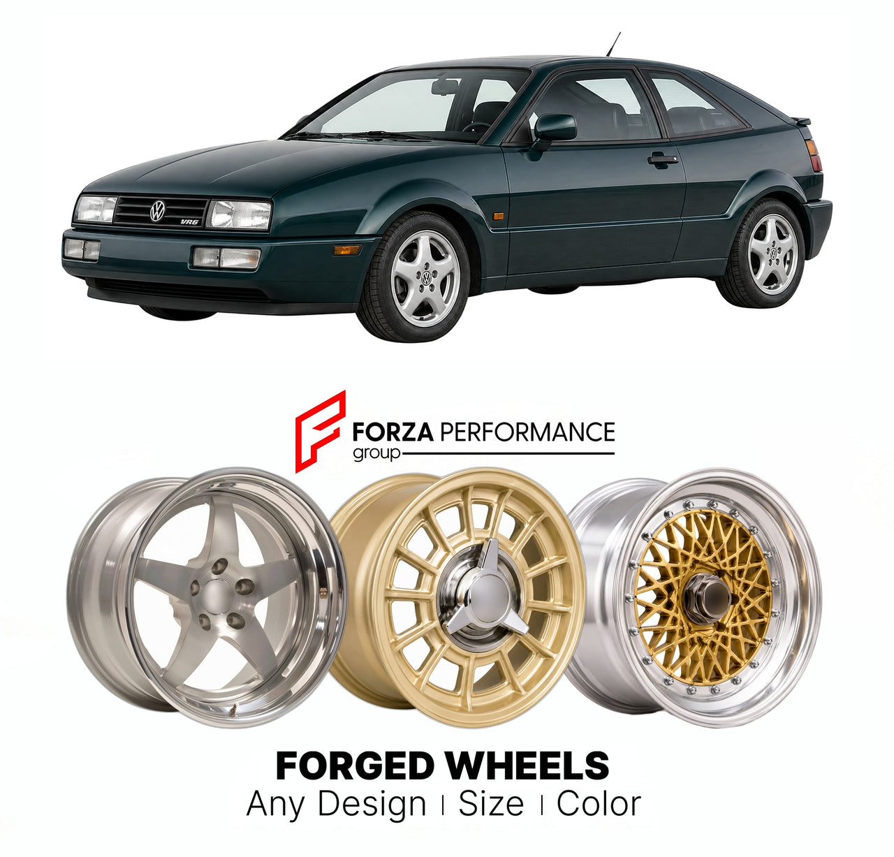 CUSTOM CLASSIC VINTAGE RESTOMOD RETRO OLD SCHOOL FORGED WHEELS RIMS for VOLKSWAGEN CORRADO VR6 1992 - 1995

Custom forged wheels for Volkswagen Corrado VR6 1992 - 1995. Classic, vintage, restomod wheel designs made to order in custom sizes, offsets, colors and finishes.

We manufacture premium quality forged wheels rims for Volkswagen Corrado VR6 1992 - 1995 in any design, size, color.

THIS WHEEL DESIGN CAN BE CUSTOM-MADE FOR YOUR CAR IN ANY SIZE AND COLOR OPTIONS
Available in monoblock, 2-piece, 3-piece, 