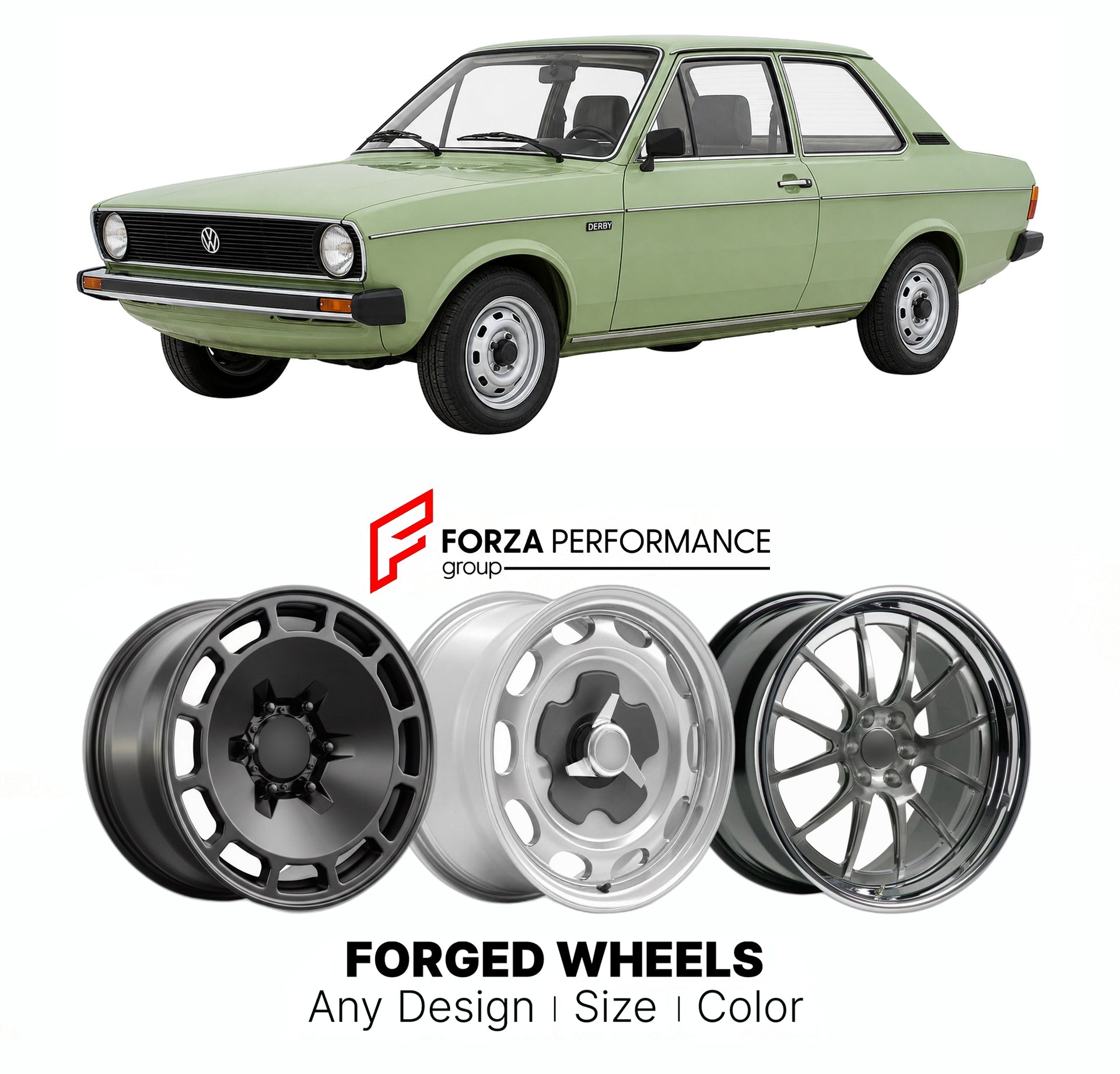 CUSTOM CLASSIC VINTAGE RESTOMOD RETRO OLD SCHOOL FORGED WHEELS RIMS for VOLKSWAGEN DERBY MK 1 MK 2 1977 - 1985

Custom forged wheels for Volkswagen Derby MK 1 MK 2 1977 - 1985. Classic, vintage, restomod wheel designs made to order in custom sizes, offsets, colors and finishes.

We manufacture premium quality forged wheels rims for Volkswagen Derby MK 1 MK 2 1977 - 1985 in any design, size, color.

THIS WHEEL DESIGN CAN BE CUSTOM-MADE FOR YOUR CAR IN ANY SIZE AND COLOR OPTIONS
Available in monoblock, 2-piec