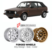 CUSTOM CLASSIC VINTAGE RESTOMOD RETRO OLD SCHOOL FORGED WHEELS RIMS for VOLKSWAGEN GOLF CABRIOLET MK 1 1979 - 1993

Custom forged wheels for Volkswagen Golf Cabriolet MK 1 1979 - 1993. Classic, vintage, restomod wheel designs made to order in custom sizes, offsets, colors and finishes.

We manufacture premium quality forged wheels rims for Volkswagen Golf Cabriolet MK 1 1979 - 1993 in any design, size, color.

THIS WHEEL DESIGN CAN BE CUSTOM-MADE FOR YOUR CAR IN ANY SIZE AND COLOR OPTIONS
Available in monob