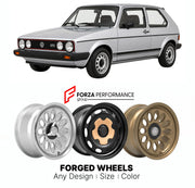 CUSTOM CLASSIC VINTAGE RESTOMOD RETRO OLD SCHOOL FORGED WHEELS RIMS for VOLKSWAGEN GOLF GTI MK 1 1976 - 1983

Custom forged wheels for Volkswagen Golf GTI MK 1 1976 - 1983. Classic, vintage, restomod wheel designs made to order in custom sizes, offsets, colors and finishes.

We manufacture premium quality forged wheels rims for Volkswagen Golf GTI MK 1 1976 - 1983 in any design, size, color.

THIS WHEEL DESIGN CAN BE CUSTOM-MADE FOR YOUR CAR IN ANY SIZE AND COLOR OPTIONS
Available in monoblock, 2-piece, 3-p