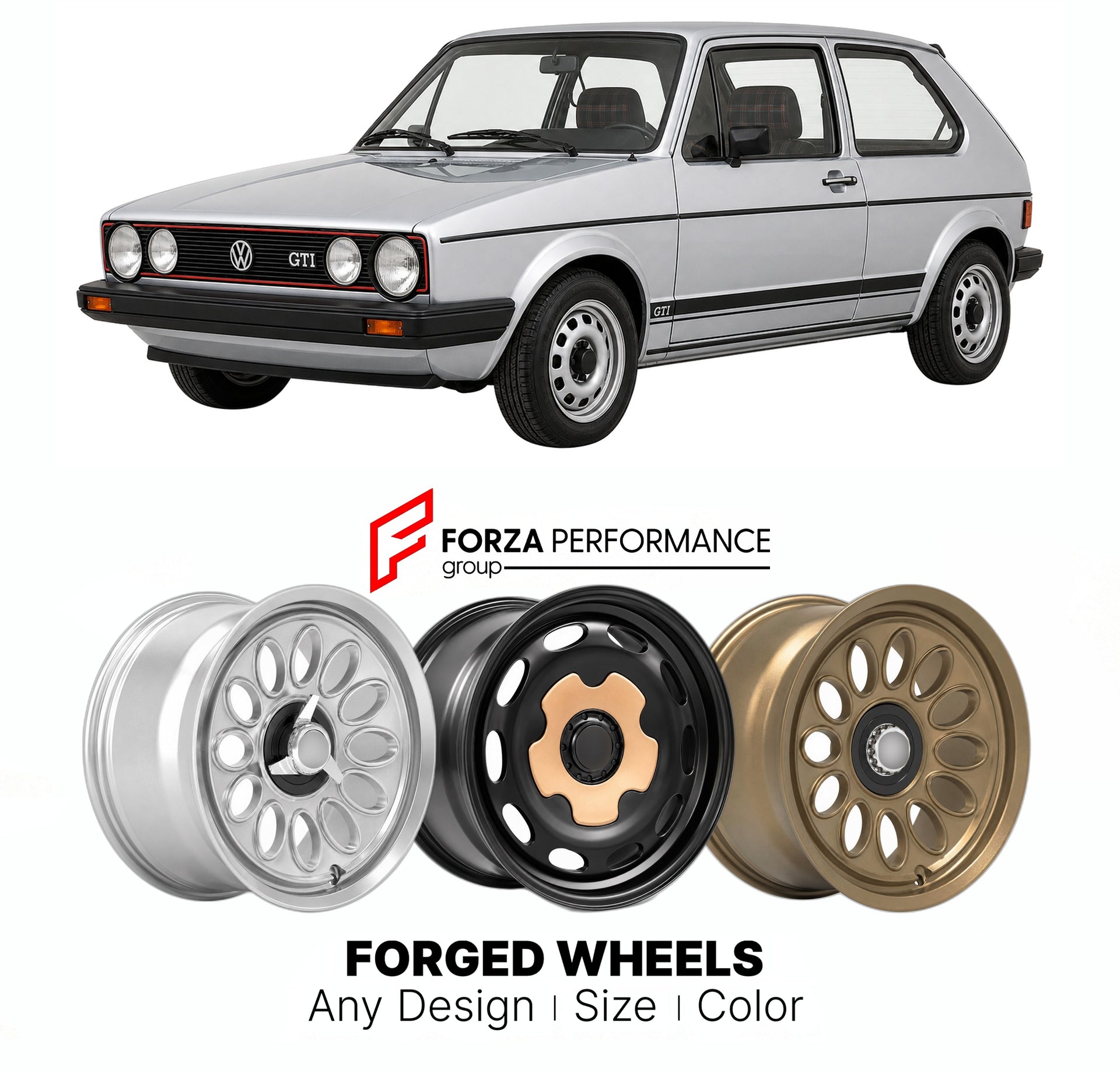 CUSTOM CLASSIC VINTAGE RESTOMOD RETRO OLD SCHOOL FORGED WHEELS RIMS for VOLKSWAGEN GOLF GTI MK 1 1976 - 1983

Custom forged wheels for Volkswagen Golf GTI MK 1 1976 - 1983. Classic, vintage, restomod wheel designs made to order in custom sizes, offsets, colors and finishes.

We manufacture premium quality forged wheels rims for Volkswagen Golf GTI MK 1 1976 - 1983 in any design, size, color.

THIS WHEEL DESIGN CAN BE CUSTOM-MADE FOR YOUR CAR IN ANY SIZE AND COLOR OPTIONS
Available in monoblock, 2-piece, 3-p