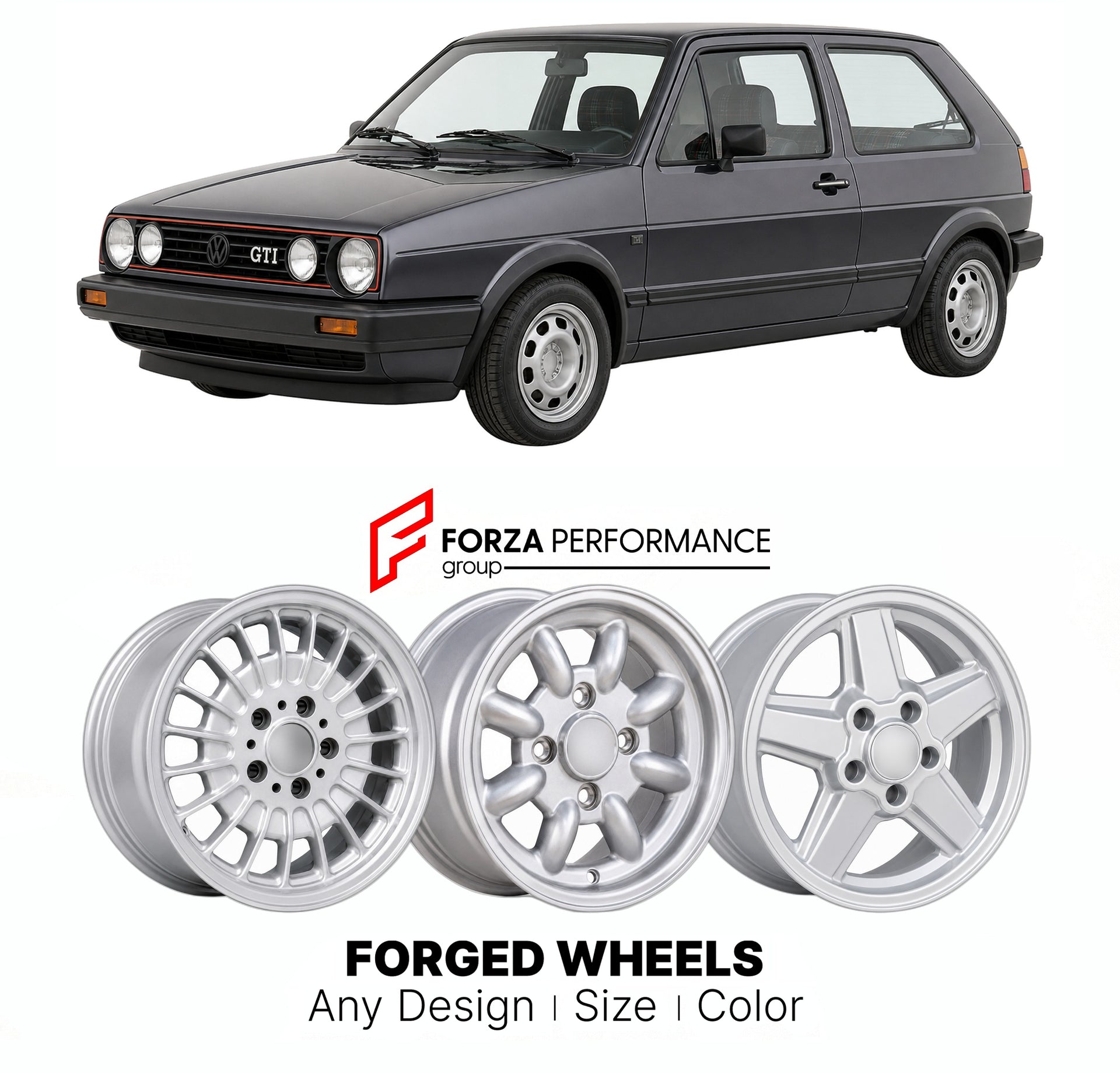 CUSTOM CLASSIC VINTAGE RESTOMOD RETRO OLD SCHOOL FORGED WHEELS RIMS for VOLKSWAGEN GOLF GTI MK 2 1984 - 1992

Custom forged wheels for Volkswagen Golf GTI MK 2 1984 - 1992. Classic, vintage, restomod wheel designs made to order in custom sizes, offsets, colors and finishes.

We manufacture premium quality forged wheels rims for Volkswagen Golf GTI MK 2 1984 - 1992 in any design, size, color.

THIS WHEEL DESIGN CAN BE CUSTOM-MADE FOR YOUR CAR IN ANY SIZE AND COLOR OPTIONS
Available in monoblock, 2-piece, 3-p