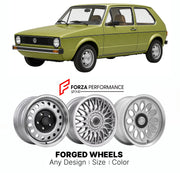 CUSTOM CLASSIC VINTAGE RESTOMOD RETRO OLD SCHOOL FORGED WHEELS RIMS for VOLKSWAGEN GOLF MK 1 1974 - 1983

Custom forged wheels for Volkswagen Golf MK 1 1974 - 1983. Classic, vintage, restomod wheel designs made to order in custom sizes, offsets, colors and finishes.

We manufacture premium quality forged wheels rims for Volkswagen Golf MK 1 1974 - 1983 in any design, size, color.

THIS WHEEL DESIGN CAN BE CUSTOM-MADE FOR YOUR CAR IN ANY SIZE AND COLOR OPTIONS
Available in monoblock, 2-piece, 3-piece, duoblo