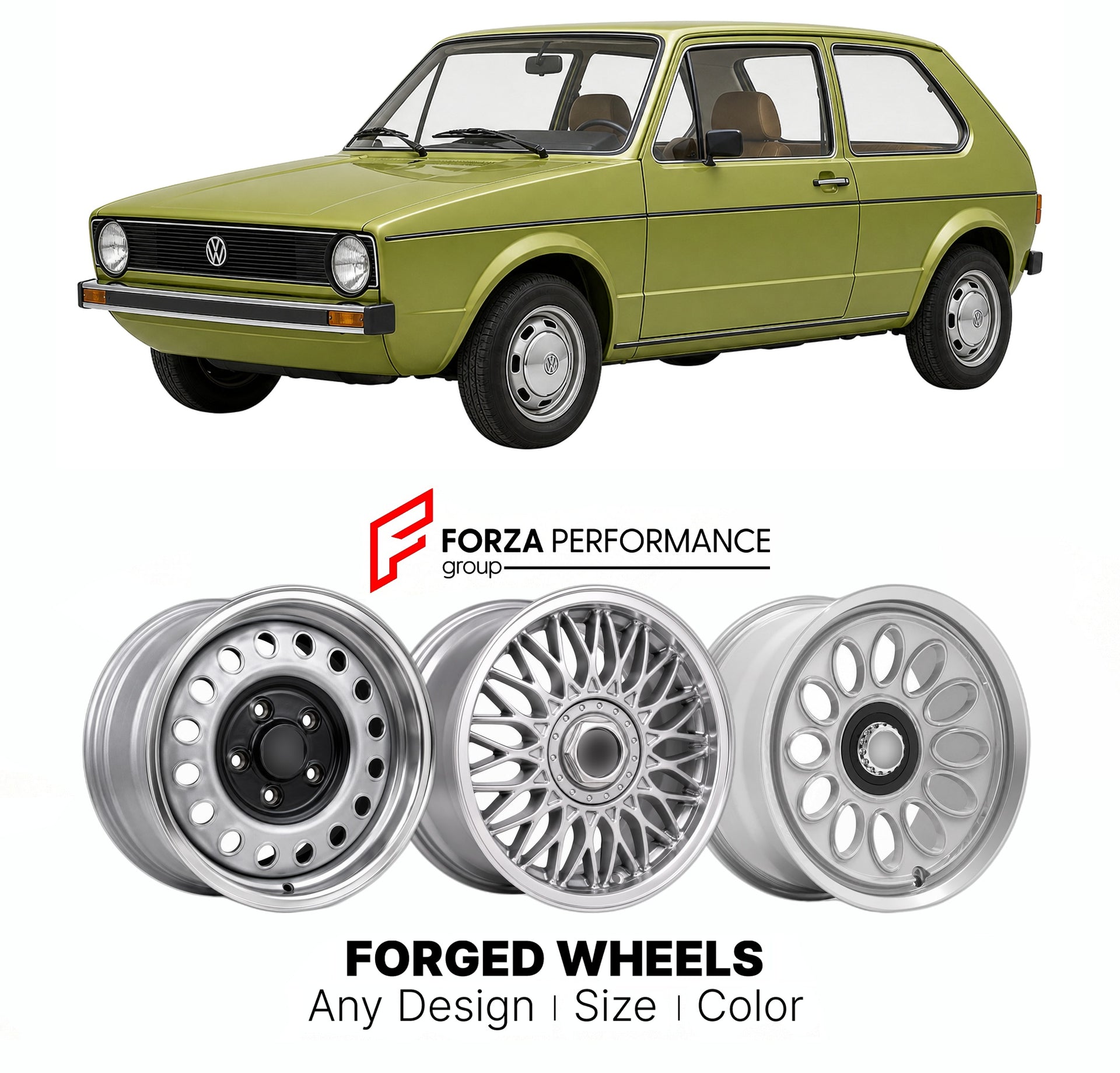 CUSTOM CLASSIC VINTAGE RESTOMOD RETRO OLD SCHOOL FORGED WHEELS RIMS for VOLKSWAGEN GOLF MK 1 1974 - 1983

Custom forged wheels for Volkswagen Golf MK 1 1974 - 1983. Classic, vintage, restomod wheel designs made to order in custom sizes, offsets, colors and finishes.

We manufacture premium quality forged wheels rims for Volkswagen Golf MK 1 1974 - 1983 in any design, size, color.

THIS WHEEL DESIGN CAN BE CUSTOM-MADE FOR YOUR CAR IN ANY SIZE AND COLOR OPTIONS
Available in monoblock, 2-piece, 3-piece, duoblo