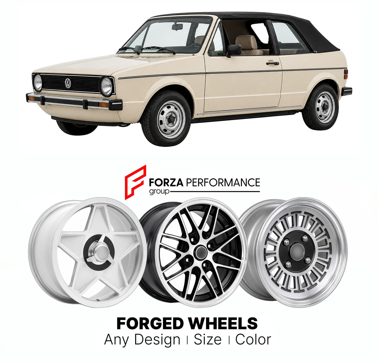 CUSTOM CLASSIC VINTAGE RESTOMOD RETRO OLD SCHOOL FORGED WHEELS RIMS for VOLKSWAGEN GOLF MK 1 CABRIOLET 1979 - 1993

Custom forged wheels for Volkswagen Golf MK 1 Cabriolet 1979 - 1993. Classic, vintage, restomod wheel designs made to order in custom sizes, offsets, colors and finishes.

We manufacture premium quality forged wheels rims for Volkswagen Golf MK 1 Cabriolet 1979 - 1993 in any design, size, color.

THIS WHEEL DESIGN CAN BE CUSTOM-MADE FOR YOUR CAR IN ANY SIZE AND COLOR OPTIONS
Available in monob