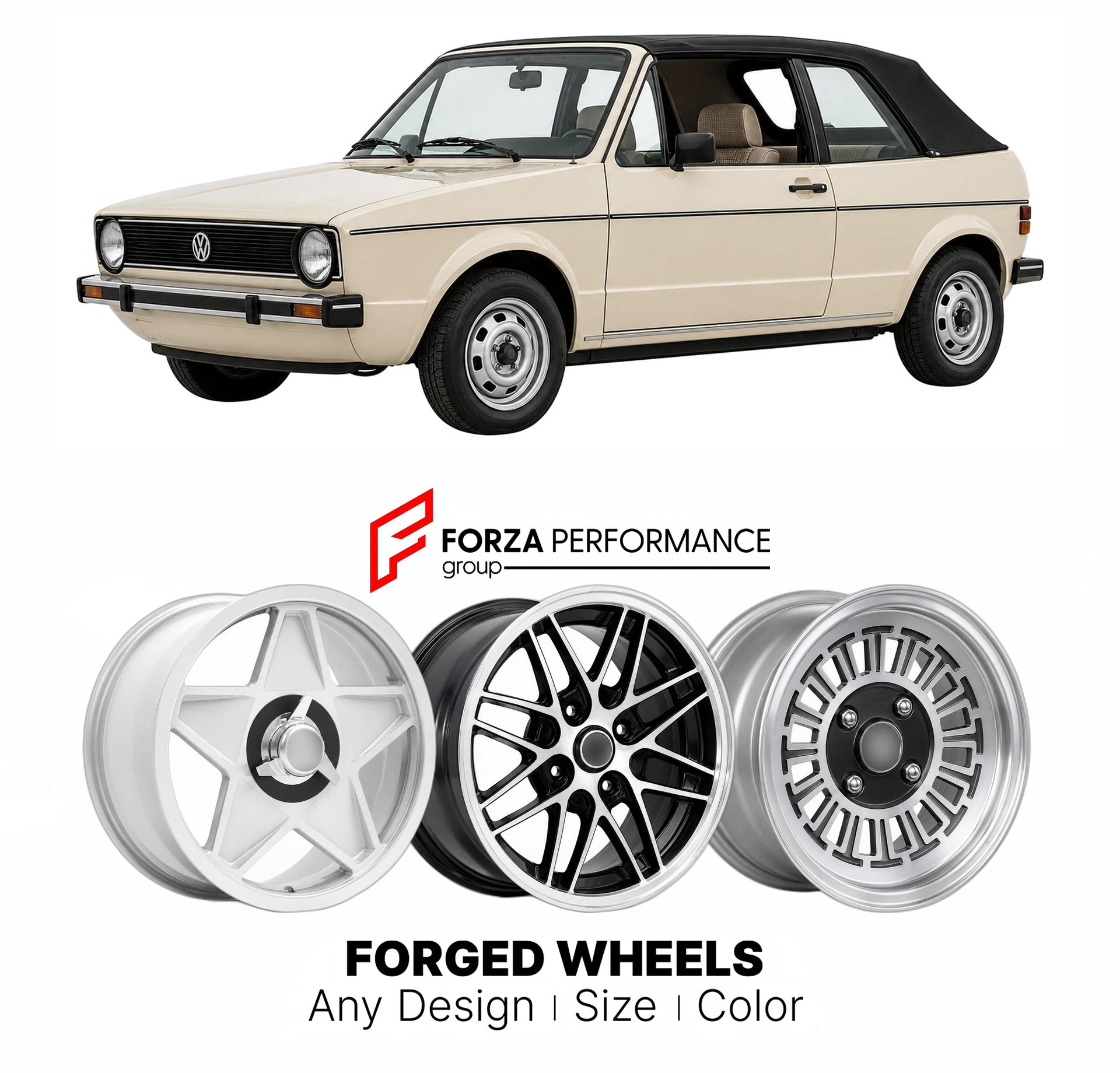 CUSTOM CLASSIC VINTAGE RESTOMOD RETRO OLD SCHOOL FORGED WHEELS RIMS for VOLKSWAGEN GOLF MK 1 CABRIOLET 1979 - 1993

Custom forged wheels for Volkswagen Golf MK 1 Cabriolet 1979 - 1993. Classic, vintage, restomod wheel designs made to order in custom sizes, offsets, colors and finishes.

We manufacture premium quality forged wheels rims for Volkswagen Golf MK 1 Cabriolet 1979 - 1993 in any design, size, color.

THIS WHEEL DESIGN CAN BE CUSTOM-MADE FOR YOUR CAR IN ANY SIZE AND COLOR OPTIONS
Available in monob