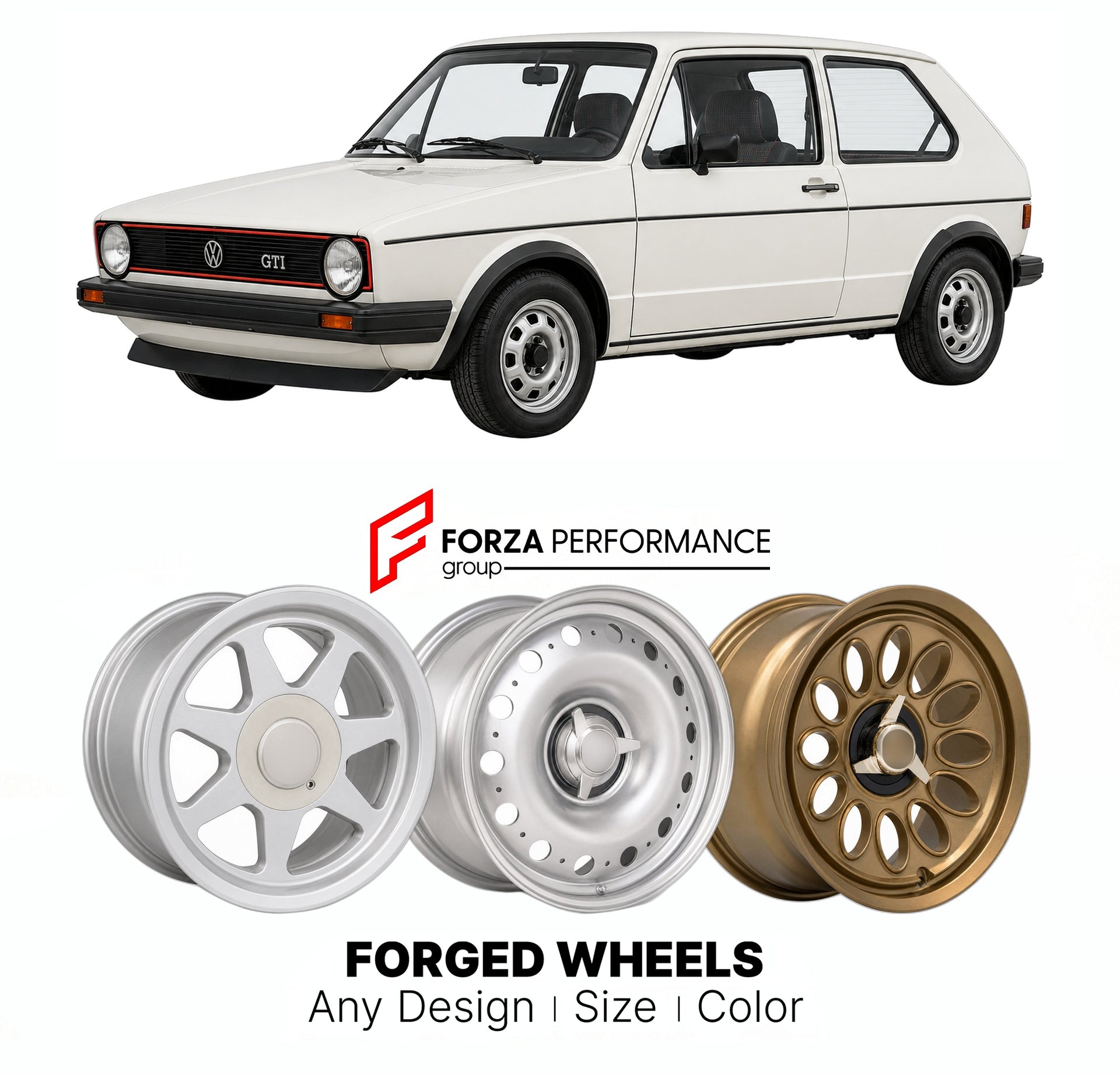 CUSTOM CLASSIC VINTAGE RESTOMOD RETRO OLD SCHOOL FORGED WHEELS RIMS for VOLKSWAGEN GOLF MK 1 GTI 1976 - 1983

Custom forged wheels for Volkswagen Golf MK 1 GTI 1976 - 1983. Classic, vintage, restomod wheel designs made to order in custom sizes, offsets, colors and finishes.

We manufacture premium quality forged wheels rims for Volkswagen Golf MK 1 GTI 1976 - 1983 in any design, size, color.

THIS WHEEL DESIGN CAN BE CUSTOM-MADE FOR YOUR CAR IN ANY SIZE AND COLOR OPTIONS
Available in monoblock, 2-piece, 3-p