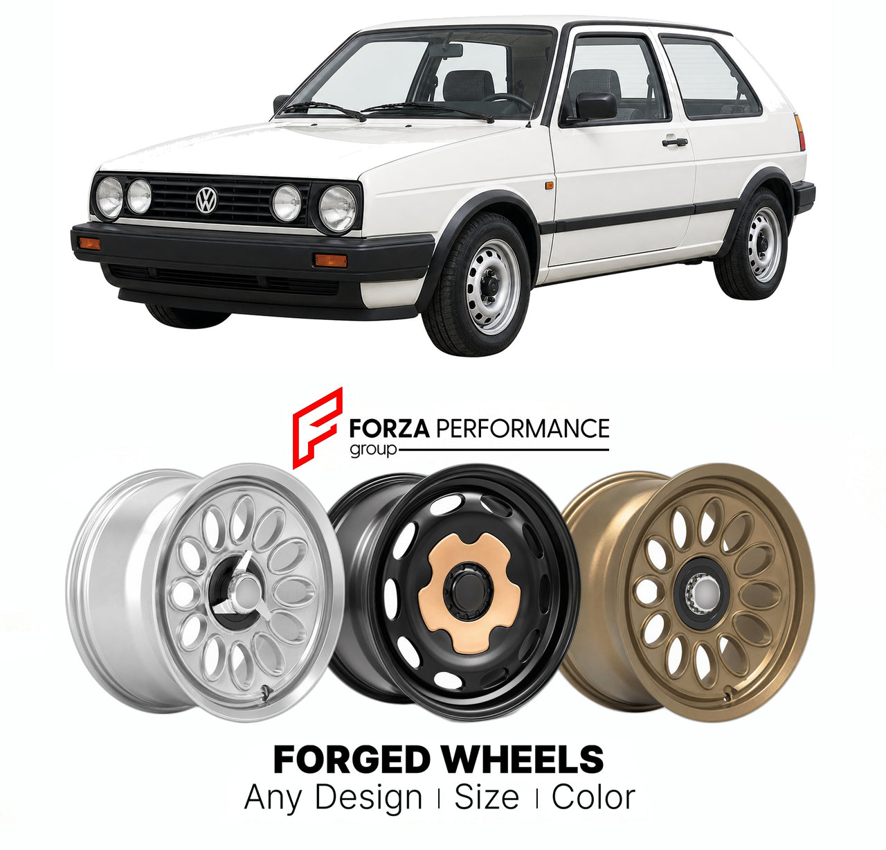 CUSTOM CLASSIC VINTAGE RESTOMOD RETRO OLD SCHOOL FORGED WHEELS RIMS for VOLKSWAGEN GOLF MK 2 1983 - 1992

Custom forged wheels for Volkswagen Golf MK 2 1983 - 1992. Classic, vintage, restomod wheel designs made to order in custom sizes, offsets, colors and finishes.

We manufacture premium quality forged wheels rims for Volkswagen Golf MK 2 1983 - 1992 in any design, size, color.

THIS WHEEL DESIGN CAN BE CUSTOM-MADE FOR YOUR CAR IN ANY SIZE AND COLOR OPTIONS
Available in monoblock, 2-piece, 3-piece, duoblo