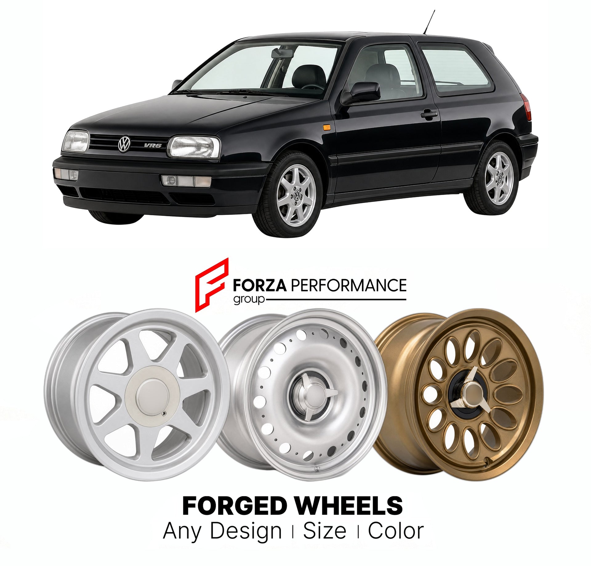 CUSTOM CLASSIC VINTAGE RESTOMOD RETRO OLD SCHOOL FORGED WHEELS RIMS for VOLKSWAGEN GOLF MK 3 GTI VR6 1991 - 1998

Custom forged wheels for Volkswagen Golf MK 3 GTI VR6 1991 - 1998. Classic, vintage, restomod wheel designs made to order in custom sizes, offsets, colors and finishes.

We manufacture premium quality forged wheels rims for Volkswagen Golf MK 3 GTI VR6 1991 - 1998 in any design, size, color.

THIS WHEEL DESIGN CAN BE CUSTOM-MADE FOR YOUR CAR IN ANY SIZE AND COLOR OPTIONS
Available in monoblock, 