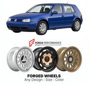 CUSTOM CLASSIC VINTAGE RESTOMOD RETRO OLD SCHOOL FORGED WHEELS RIMS for VOLKSWAGEN GOLF MK 4 1997 - 2003

Custom forged wheels for Volkswagen Golf MK 4 1997 - 2003. Classic, vintage, restomod wheel designs made to order in custom sizes, offsets, colors and finishes.

We manufacture premium quality forged wheels rims for Volkswagen Golf MK 4 1997 - 2003 in any design, size, color.

THIS WHEEL DESIGN CAN BE CUSTOM-MADE FOR YOUR CAR IN ANY SIZE AND COLOR OPTIONS
Available in monoblock, 2-piece, 3-piece, duoblo