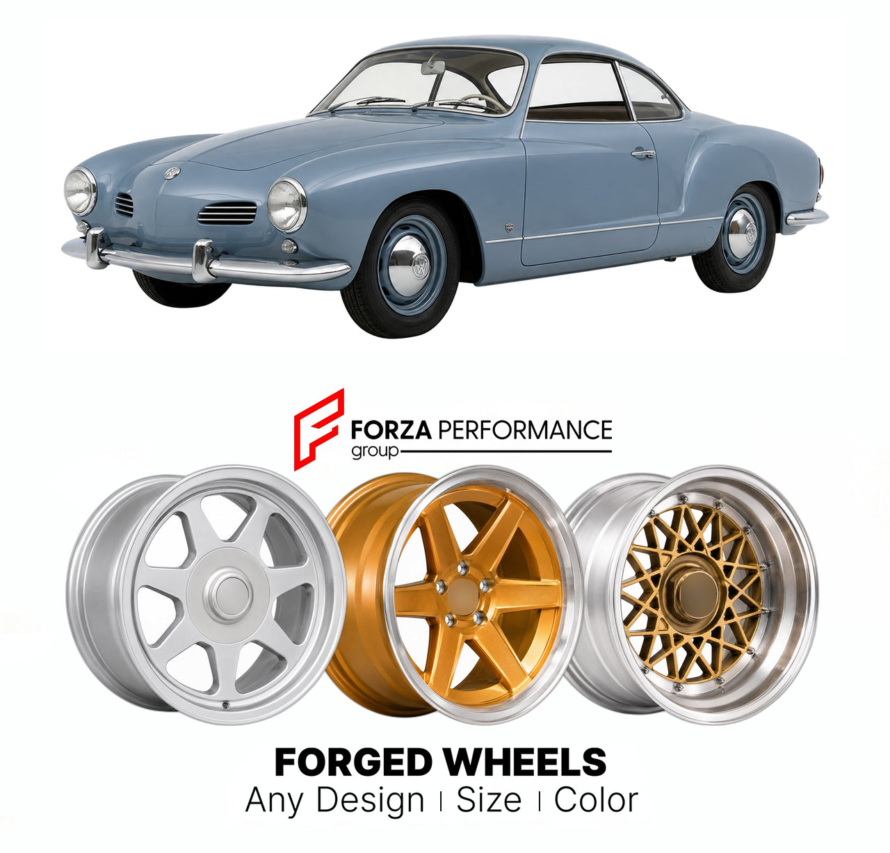 CUSTOM CLASSIC VINTAGE RESTOMOD RETRO OLD SCHOOL FORGED WHEELS RIMS for VOLKSWAGEN KARMANN GHIA TYPE 14 1955 - 1974

Custom forged wheels for Volkswagen Karmann Ghia Type 14 1955 - 1974. Classic, vintage, restomod wheel designs made to order in custom sizes, offsets, colors and finishes.

We manufacture premium quality forged wheels rims for Volkswagen Karmann Ghia Type 14 1955 - 1974 in any design, size, color.

THIS WHEEL DESIGN CAN BE CUSTOM-MADE FOR YOUR CAR IN ANY SIZE AND COLOR OPTIONS
Available in mo