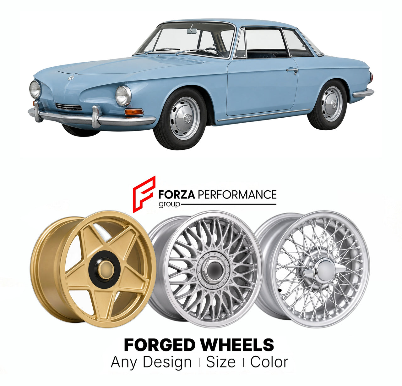 CUSTOM CLASSIC VINTAGE RESTOMOD RETRO OLD SCHOOL FORGED WHEELS RIMS for VOLKSWAGEN KARMANN GHIA TYPE 34 1962 - 1969

Custom forged wheels for Volkswagen Karmann Ghia Type 34 1962 - 1969. Classic, vintage, restomod wheel designs made to order in custom sizes, offsets, colors and finishes.

We manufacture premium quality forged wheels rims for Volkswagen Karmann Ghia Type 34 1962 - 1969 in any design, size, color.

THIS WHEEL DESIGN CAN BE CUSTOM-MADE FOR YOUR CAR IN ANY SIZE AND COLOR OPTIONS
Available in mo