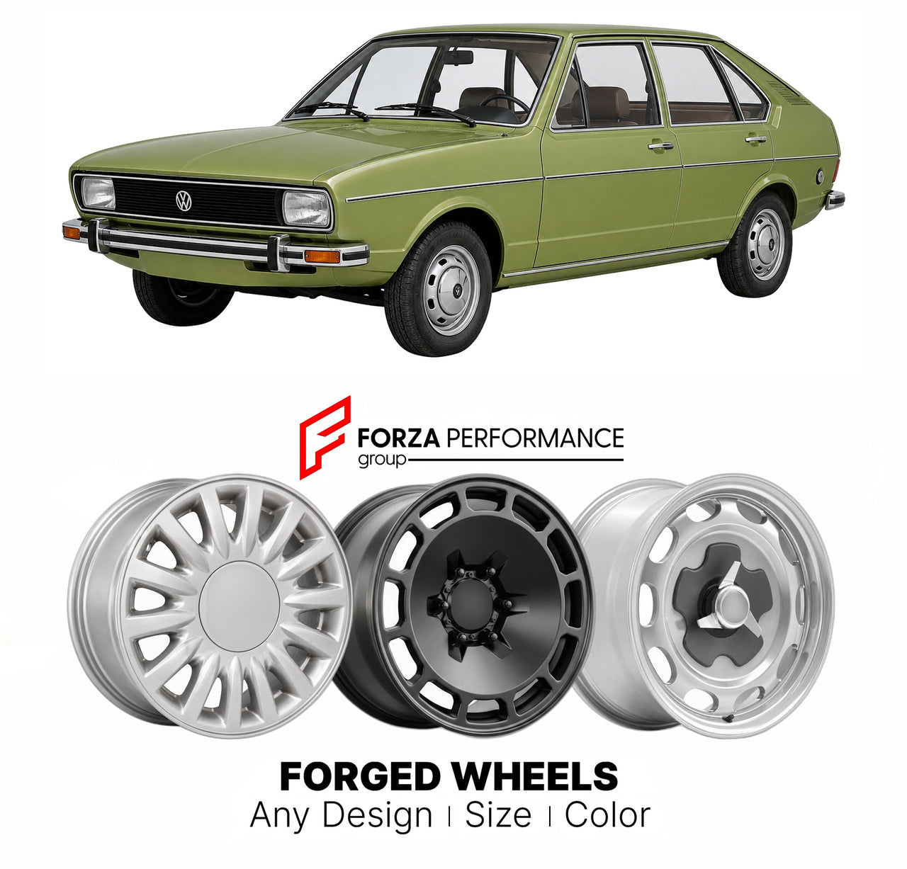 CUSTOM CLASSIC VINTAGE RESTOMOD RETRO OLD SCHOOL FORGED WHEELS RIMS for VOLKSWAGEN PASSAT B1 1973 - 1980

Custom forged wheels for Volkswagen Passat B1 1973 - 1980. Classic, vintage, restomod wheel designs made to order in custom sizes, offsets, colors and finishes.

We manufacture premium quality forged wheels rims for Volkswagen Passat B1 1973 - 1980 in any design, size, color.

THIS WHEEL DESIGN CAN BE CUSTOM-MADE FOR YOUR CAR IN ANY SIZE AND COLOR OPTIONS
Available in monoblock, 2-piece, 3-piece, duoblo