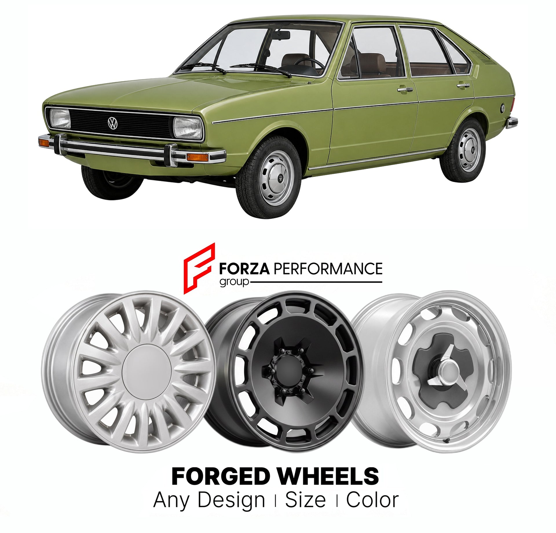 CUSTOM CLASSIC VINTAGE RESTOMOD RETRO OLD SCHOOL FORGED WHEELS RIMS for VOLKSWAGEN PASSAT B1 1973 - 1980

Custom forged wheels for Volkswagen Passat B1 1973 - 1980. Classic, vintage, restomod wheel designs made to order in custom sizes, offsets, colors and finishes.

We manufacture premium quality forged wheels rims for Volkswagen Passat B1 1973 - 1980 in any design, size, color.

THIS WHEEL DESIGN CAN BE CUSTOM-MADE FOR YOUR CAR IN ANY SIZE AND COLOR OPTIONS
Available in monoblock, 2-piece, 3-piece, duoblo