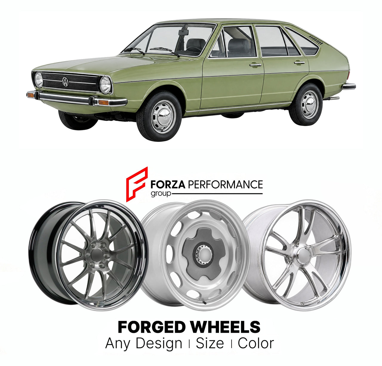 CUSTOM CLASSIC VINTAGE RESTOMOD RETRO OLD SCHOOL FORGED WHEELS RIMS for VOLKSWAGEN PASSAT B1 1973 - 1981

Custom forged wheels for Volkswagen Passat B1 1973 - 1981. Classic, vintage, restomod wheel designs made to order in custom sizes, offsets, colors and finishes.

We manufacture premium quality forged wheels rims for Volkswagen Passat B1 1973 - 1981 in any design, size, color.

THIS WHEEL DESIGN CAN BE CUSTOM-MADE FOR YOUR CAR IN ANY SIZE AND COLOR OPTIONS
Available in monoblock, 2-piece, 3-piece, duoblo